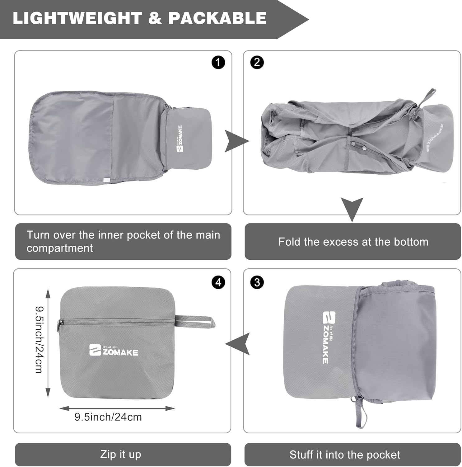 Zomake Foldable Backpack - Lightweight Packable Hiking Packs 35L, Waterproof Daypack for Travel, Outdoor Camping and Daily Use - Grey image number 3