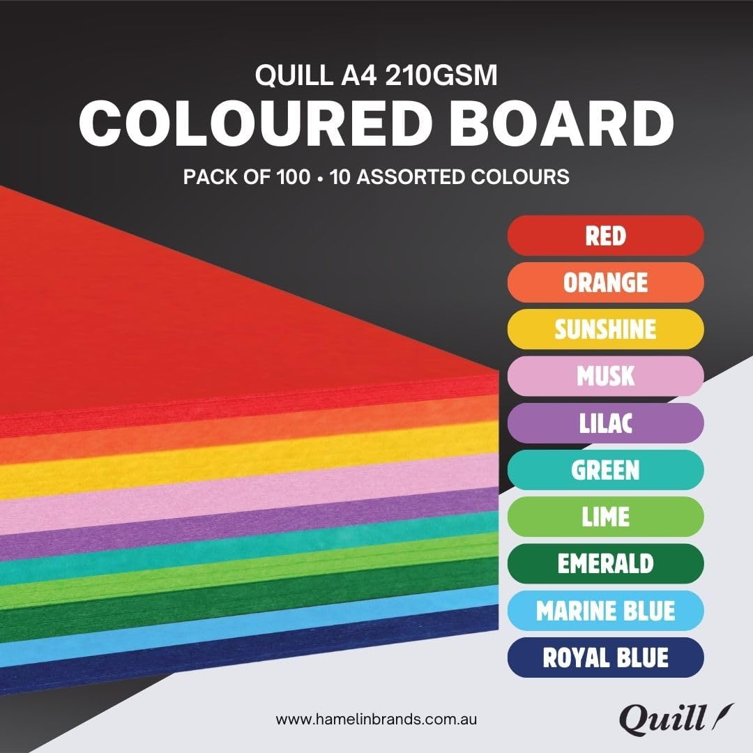 Quill A4 Coloured Board, 210Gsm, 100 Sheets, Assorted 10 Colours, Ideal for School Art and Craft Projects image number 4