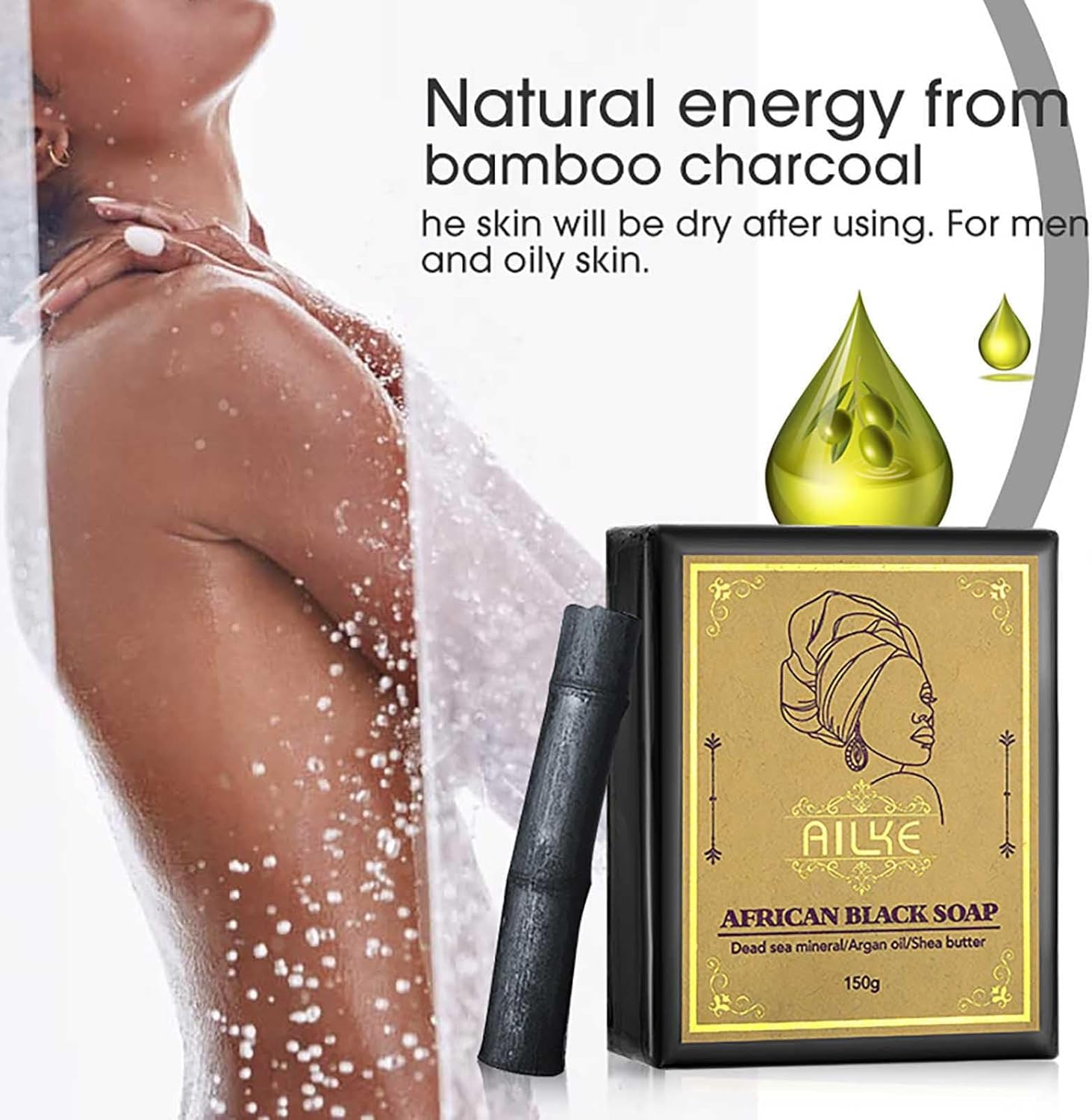 AILKE African Black Soap, Whitening, Intensely Clean Skin, Remove Pimples, Acne, Blackheads, Non-Drying, with Charcoal, Shea Butter, Argan Oil, for Men, Women, 150G (Pack of 3)