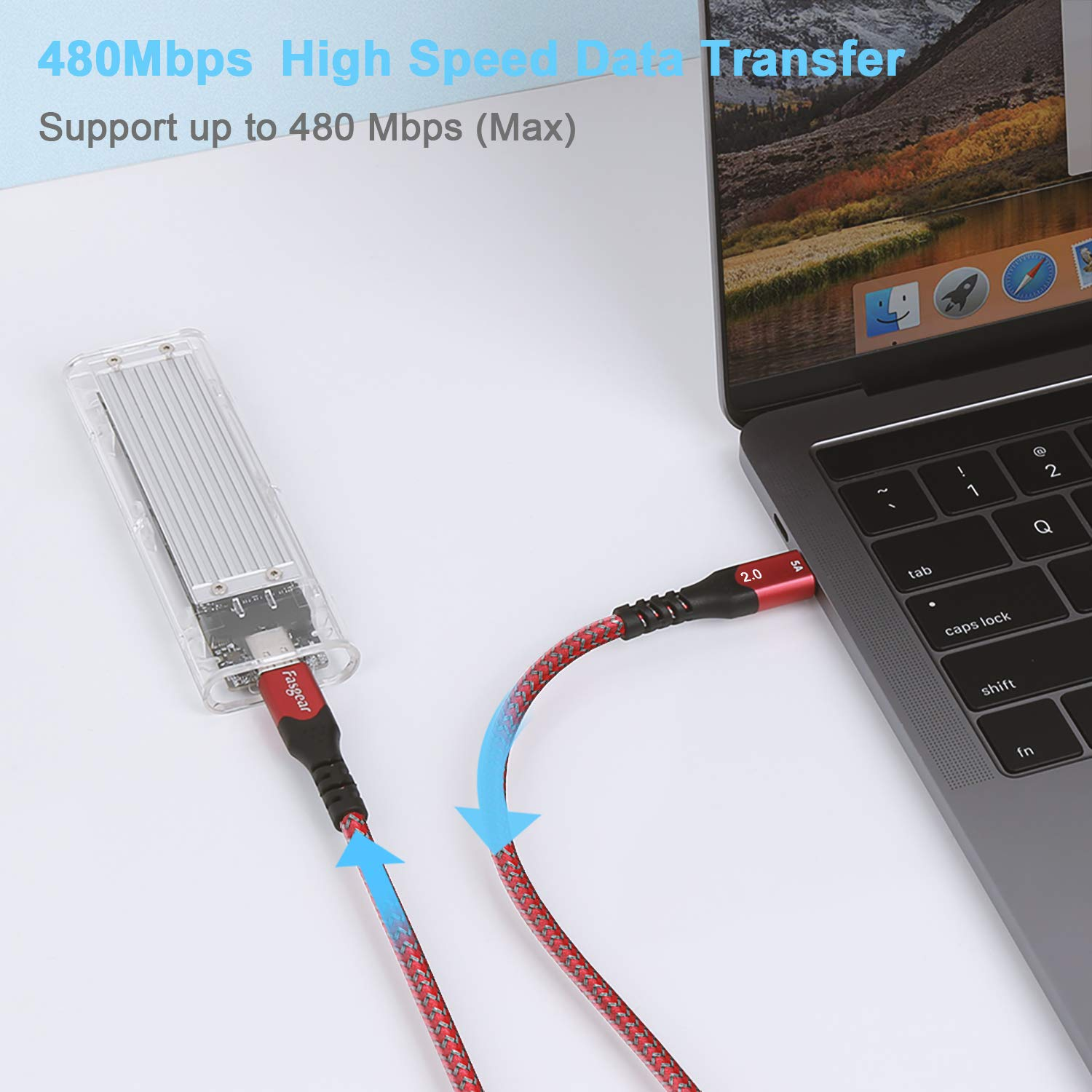 Fasgear USB C to USB C Cable 3Ft 20V/5A PD Fast Charging and Data Sync Nylon Braided Type-C to Type C Cable Compatible with I-Pad Pro 2022 Mac-Book Pro, I-Phone 15 Galaxy S24 Note 20 Switch (1M,Red) - Black image number 4