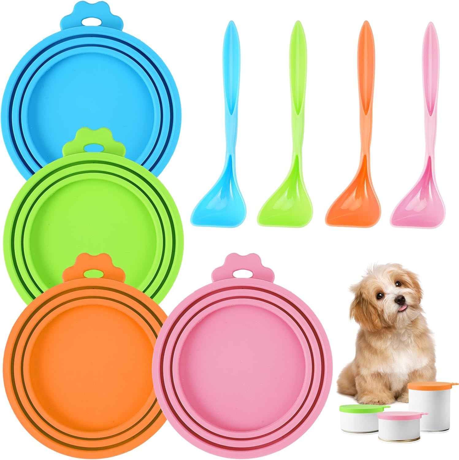 Pack of 4 Silicone Lids for Cans, Can Lids, Cat Food with 4 Spoons, Universal Silicone Can Lid, Can Lid, Dog Food, Cat Can Lid, Canning Lid, Can Lid for Pet Food