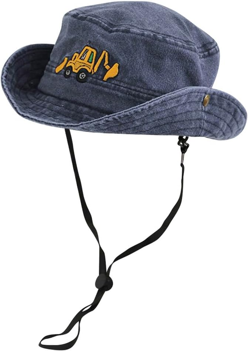 Excavator Embroidered Kids Sun Hat for Boys Girls UPF 50+ Cotton Washed Bucket Cap Wide Brim Toddler Fishing Hat Summer Beach Hat Safari Hat