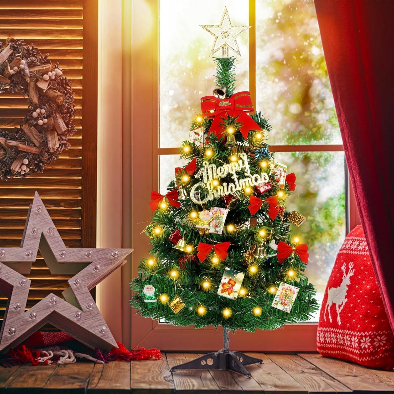 50Cm Artificial Christmas Tree, Mini Christmas Tree Decoration, 24In Small Tabletop Xmas Tree with Xmas Ball Stars Bow Ornaments for Home Office Shop Desktop Party Decor (Gold, 1.6Ft)