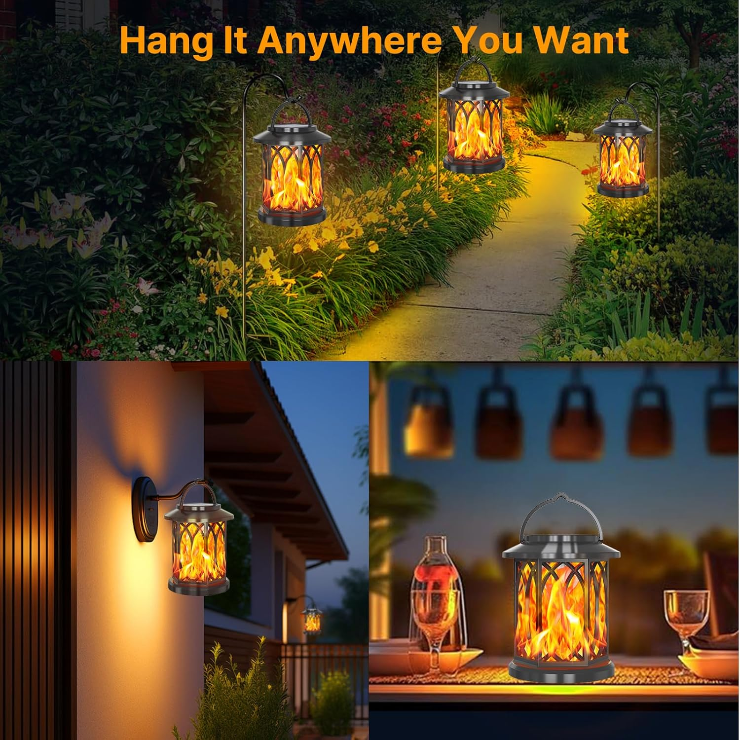 Rhoyee Dancing Flame Solar Lanterns - Upgraded Flickering Flame Waterproof Outdoor Hanging Lights, Auto On/Off, for Yard, Patio & Garden D&eacute;cor (2 Pack) image number 6