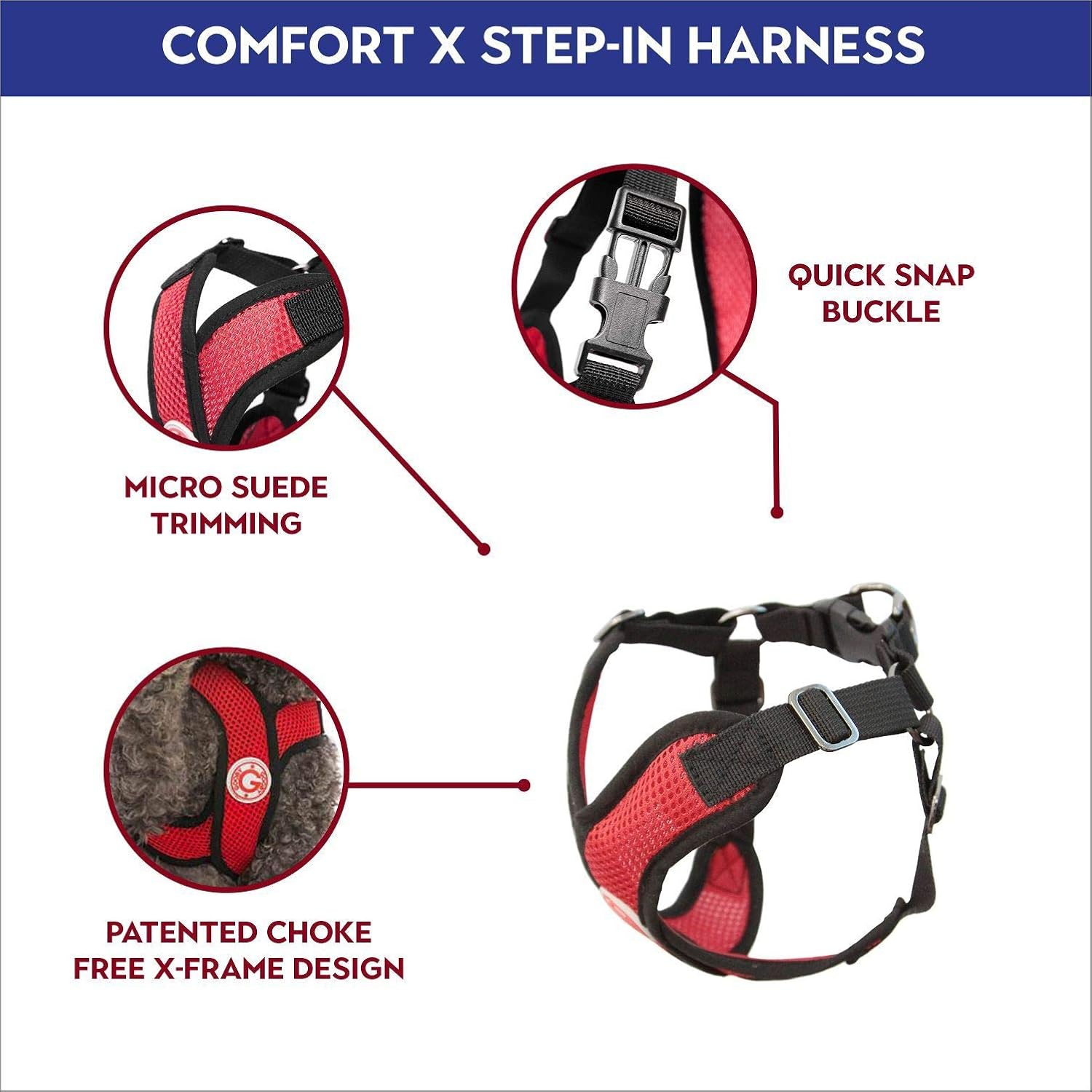 Gooby - Comfort X Step-In Harness, Choke Free Small Dog Harness with Micro Suede Trimming and Patented X Frame, Red, X-Large image number 5