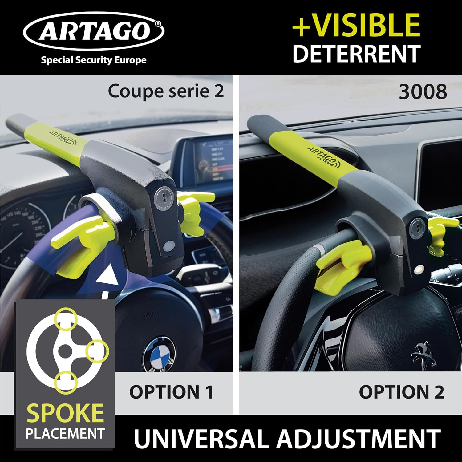 ARTAGO 870 High-End Steering Wheel Lock 2In1 without or with 120Db Alarm + Don'T Touch Warning, Visible and Deterrent High Security, Universal anti Theft Bar Locking Device for Car, Truck, Van, Camper image number 1