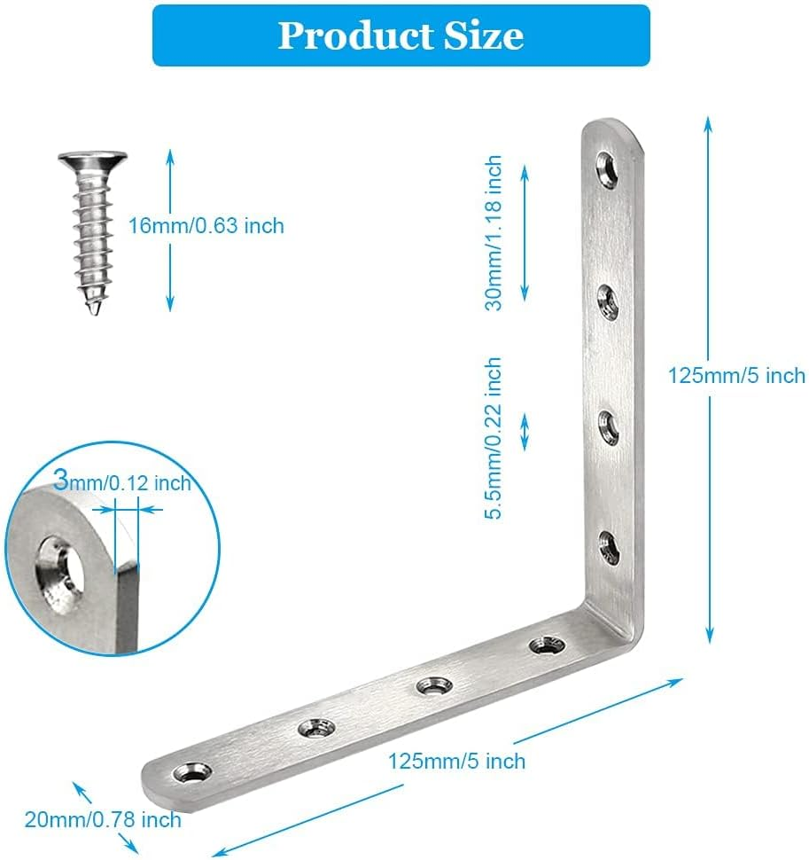 Evervanz 8 Pcs Stainless Steel L Bracket 12.5Cm X 12.5 Cm Heavy Duty Solid Shelf Support Corner Brace, Metal Joint Right Angle Bracket for Wood Shelves, with Screws G_04 image number 2