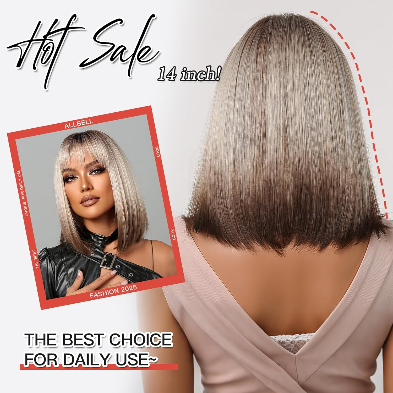 Allbell Brown Blonde Ombre Bob Wigs for Women Cosplay Wig with Bangs Dark Roots Grey Natural Hair Synthetic Wig image number 2