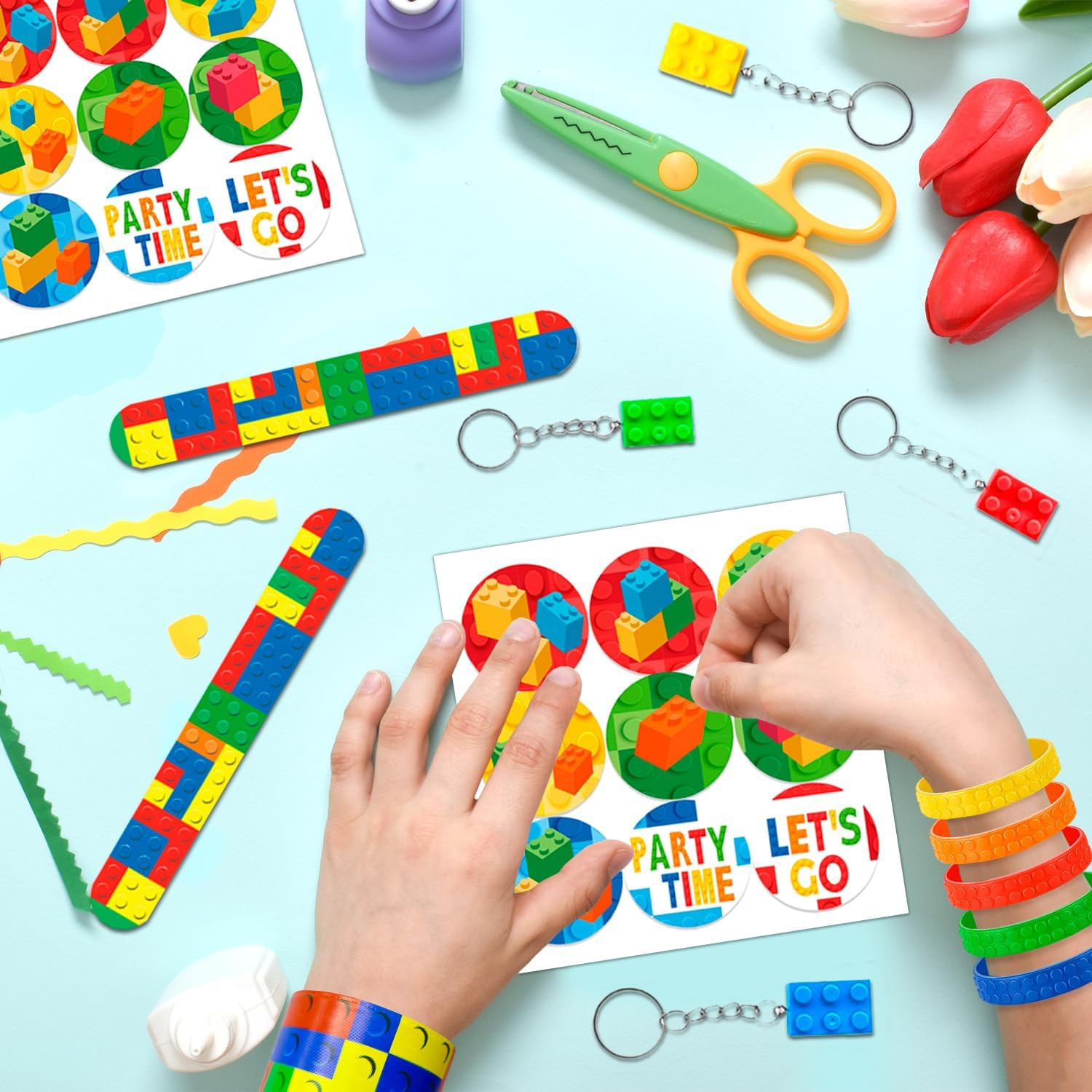 Building Block Party Favors, 62 Pcs Set - Bags, Keychains, Slap Bracelets & More image number 4