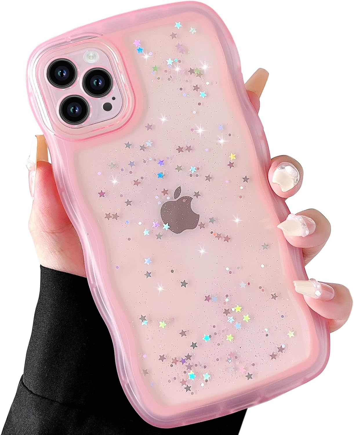 Qokey for Iphone 13 Mini Case 5.4" Curly Wave Edge Design Transparent Bling Glitter Star Shiny Cute Clear Transparent Full Protection Soft TPU Shockproof Phone Cover for Women Girls,Pink image number 2