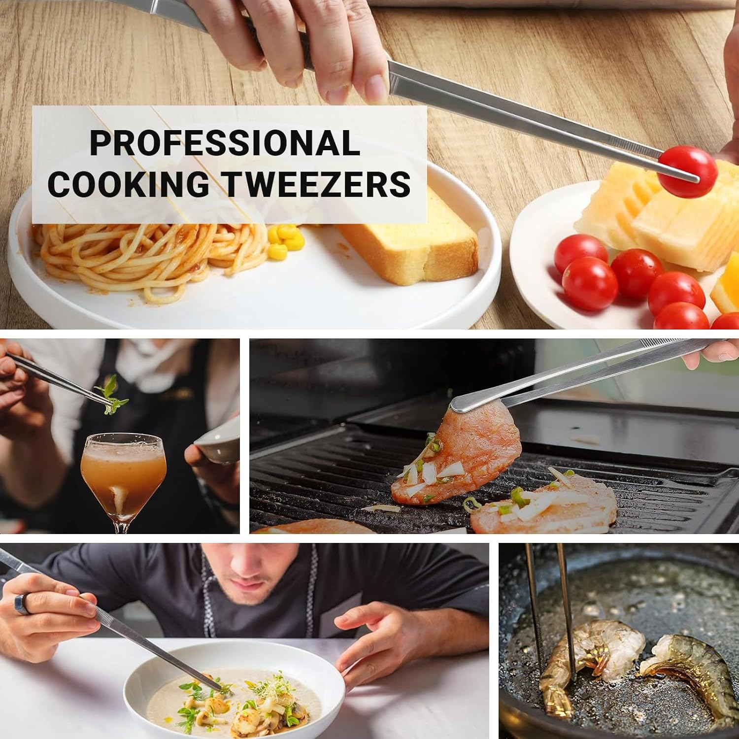 JOWILIN Kitchen Tweezers, 2 Pcs 304 Stainless Steel Cooking Tweezers Tongs, 12'' Long Food-Grade Including Fine Head and Broader Head for Cooking BBQ Grilling Barbecue Culinary Serving (Silver) image number 4