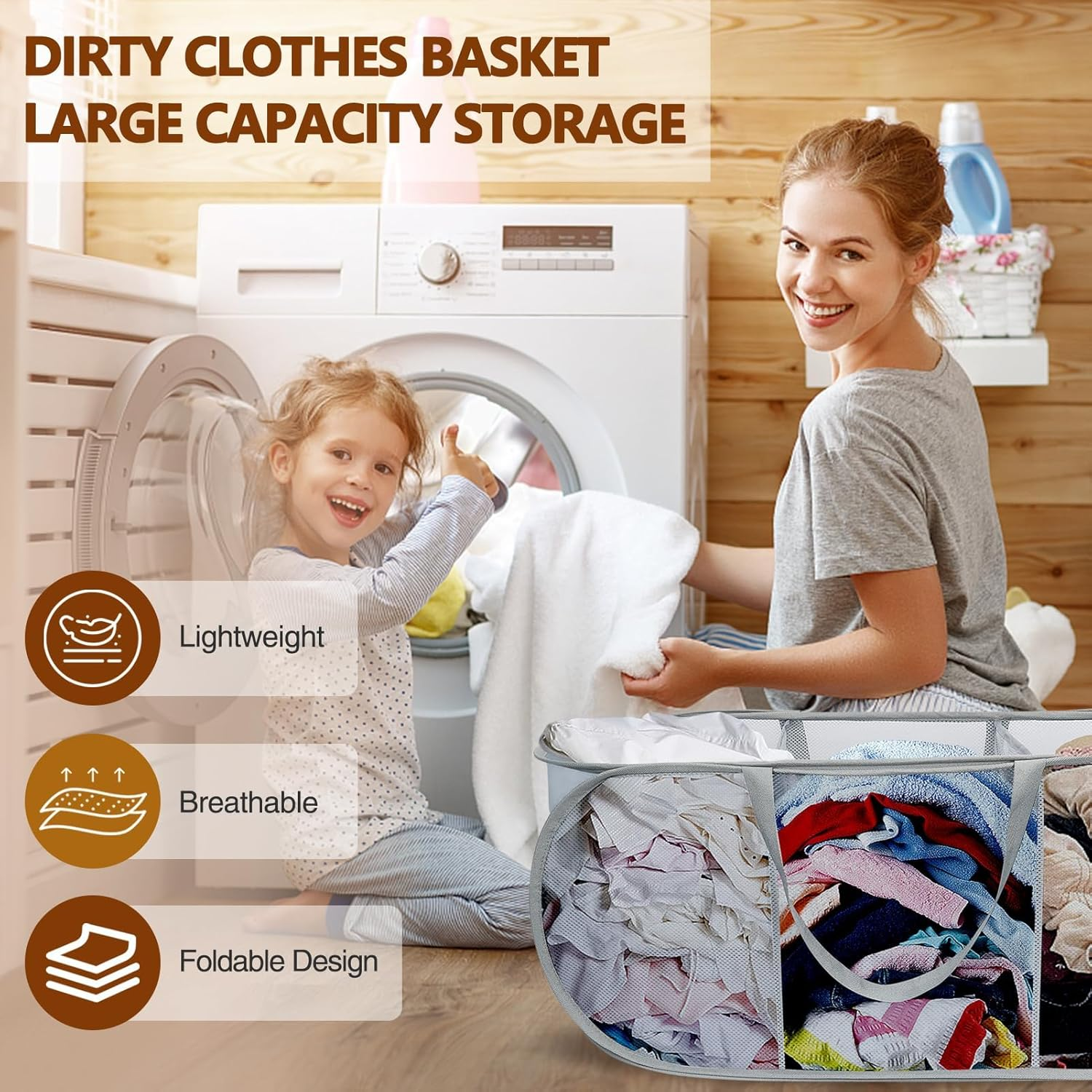 Vellaluna Collapsible Laundry Basket,3 Compartments Mesh Laundry Basket, Large Laundry Hamper Basket with Handle,Collapsible Mesh Dirty Clothes Hamper for Bathroom, Kids Room,Travel or Camping image number 3