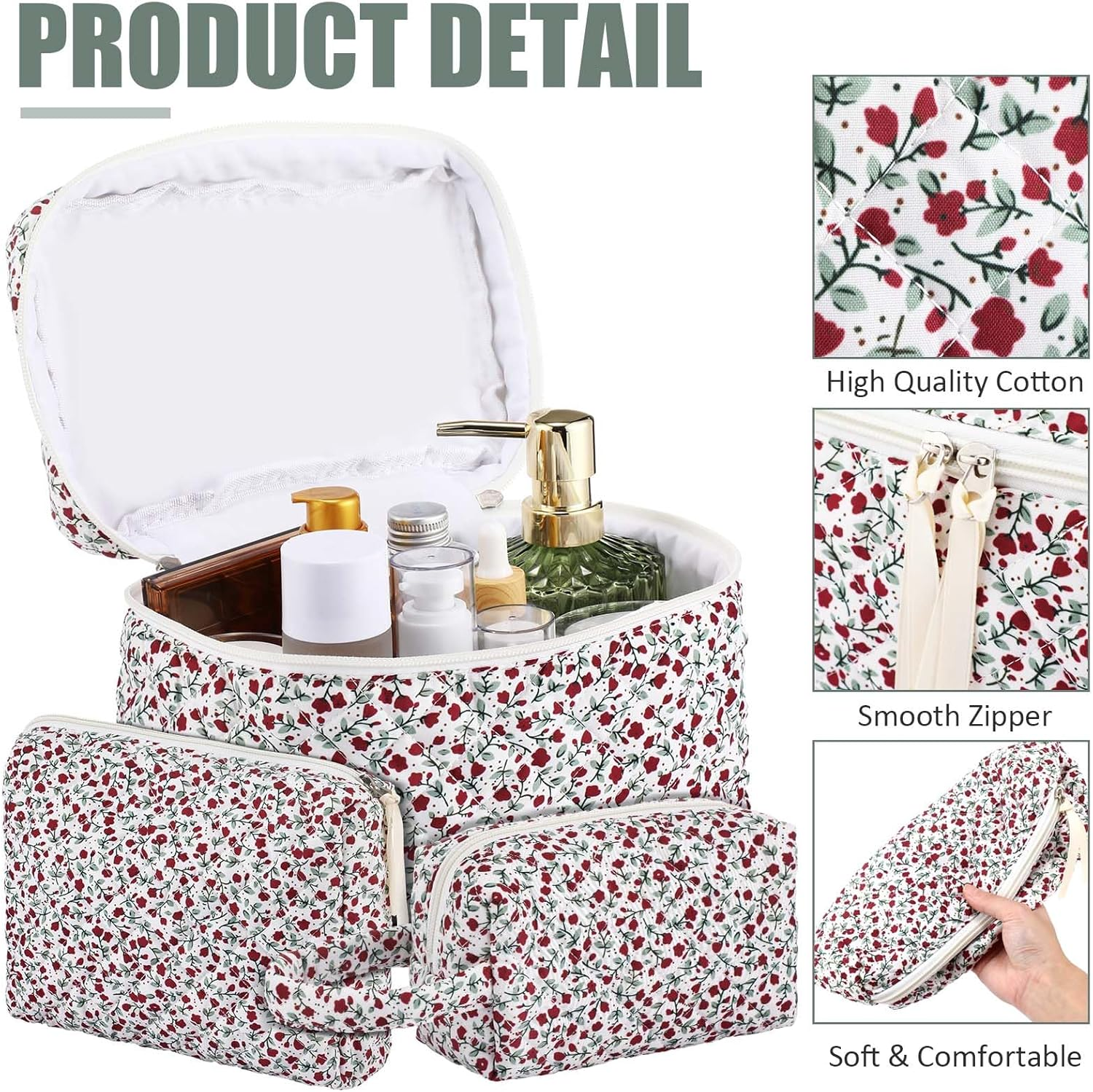Paterr Makeup Bag Set 3 Pcs Large Quilted Cotton Make up Bags for Women Cosmetic Travel Toiletry Organizer Pouch Cute Aesthetic Storage Purse, Red, Red Floral image number 5