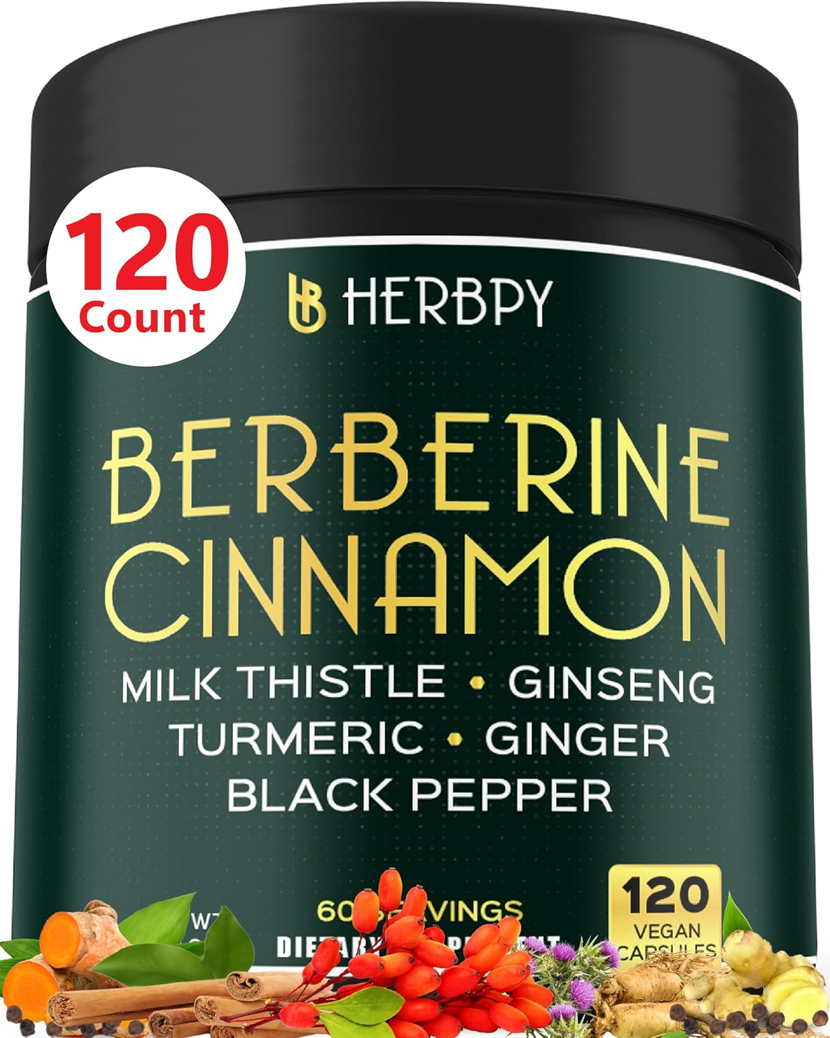 HERBPY 7In1 Premium Berberine Hcl 97% and Ceylon Cinnamon - with Ginseng, Turmeric, Ginger, Milk Thistle & Black Pepper - 120 Vegan Capsules image number 1