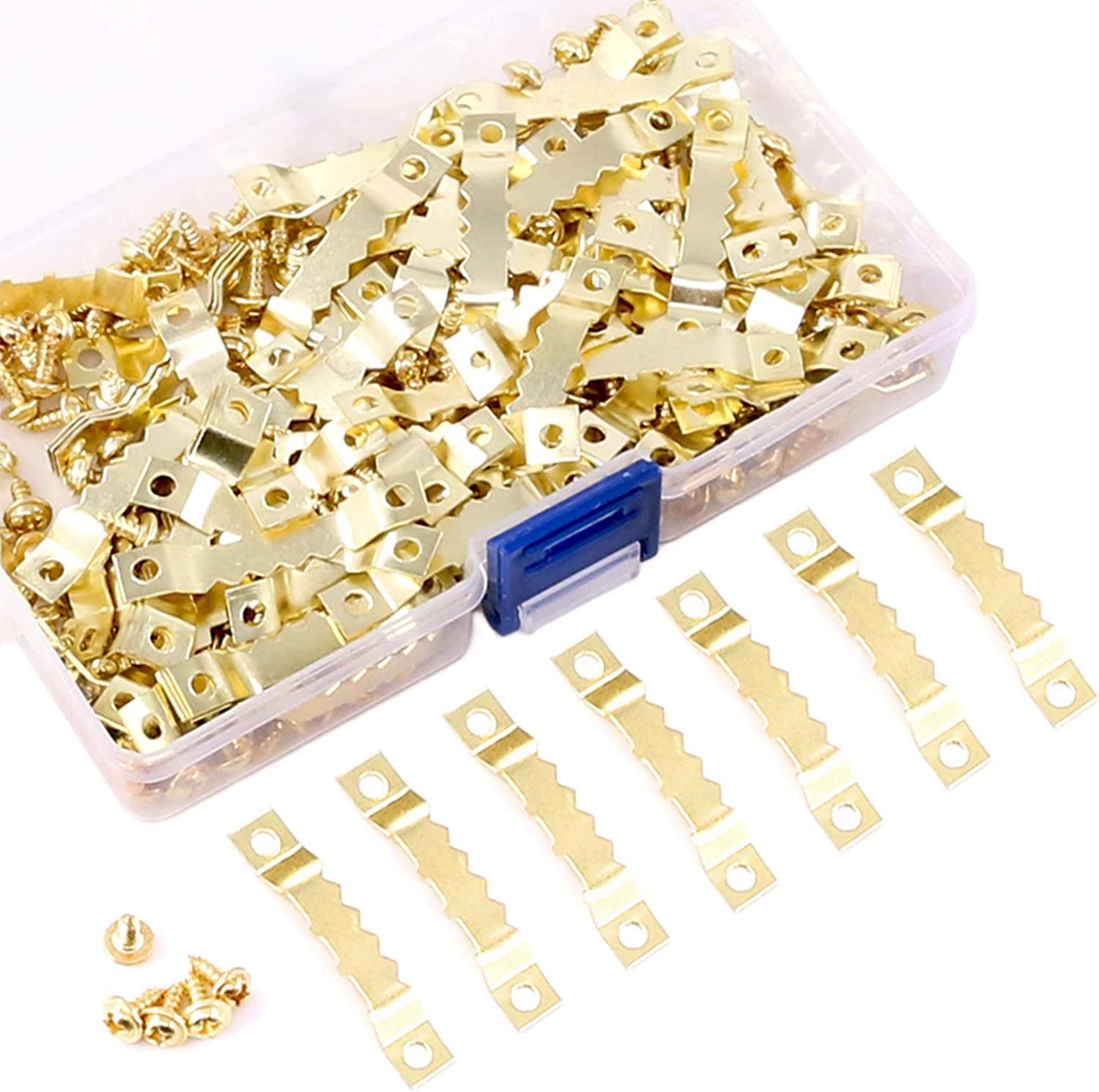 120Pcs Golden Stainless Steel Sawtooth Picture Hangers Frame Hanging Hangers Double Hole with Screws for Picture Painting Frame Cross-Stitch image number 2
