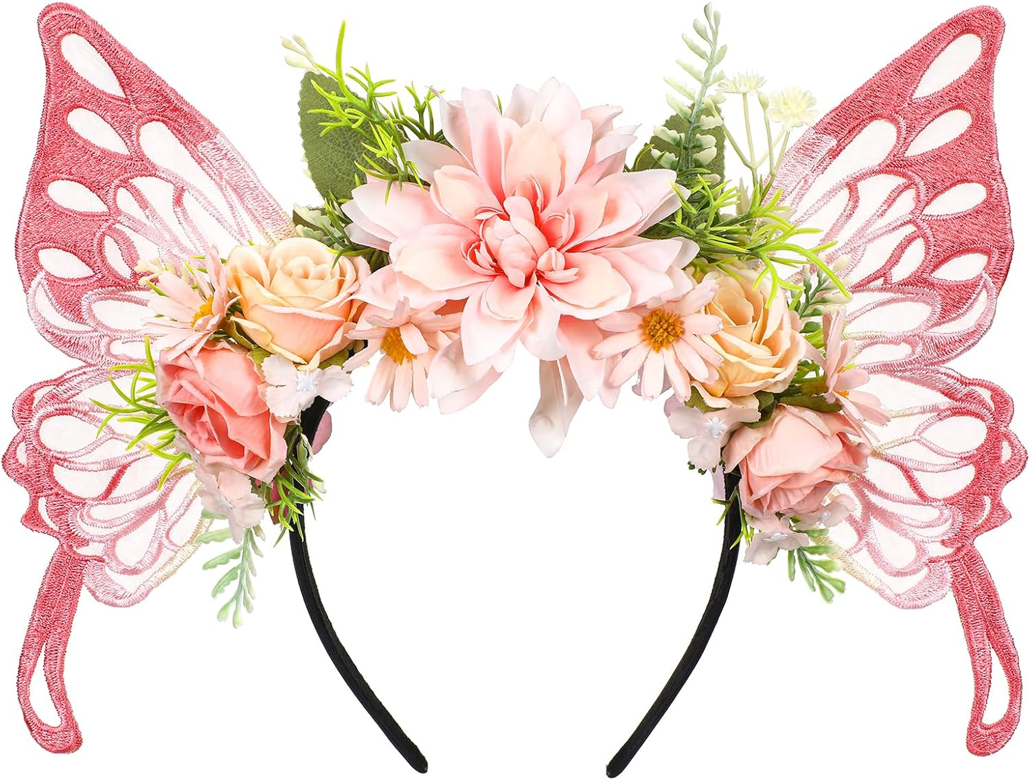 MOSTORY Pink Butterfly Wings Fairy Headband for Women Flower Headband for Renaissance Fairy Costume Cosplay Photo Shoot image number 2