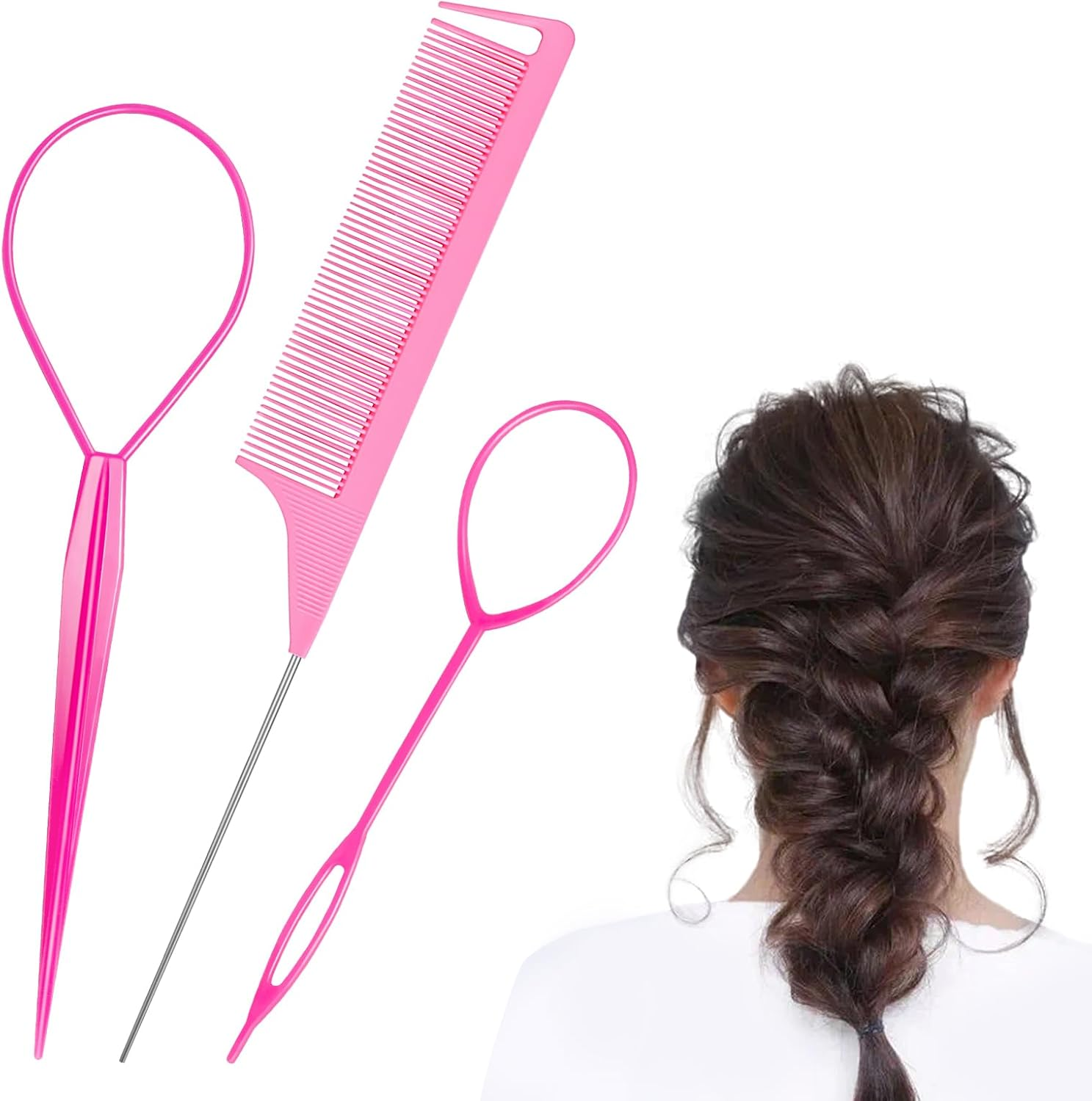 Wosyoodo Topsy Tail Hair Tool, Pink Hair Loop Pull through Tool, French Braid Loop Tool with Rat Tail Comb, Hair Braiding Tool for Making Women and Girls Hair Style
