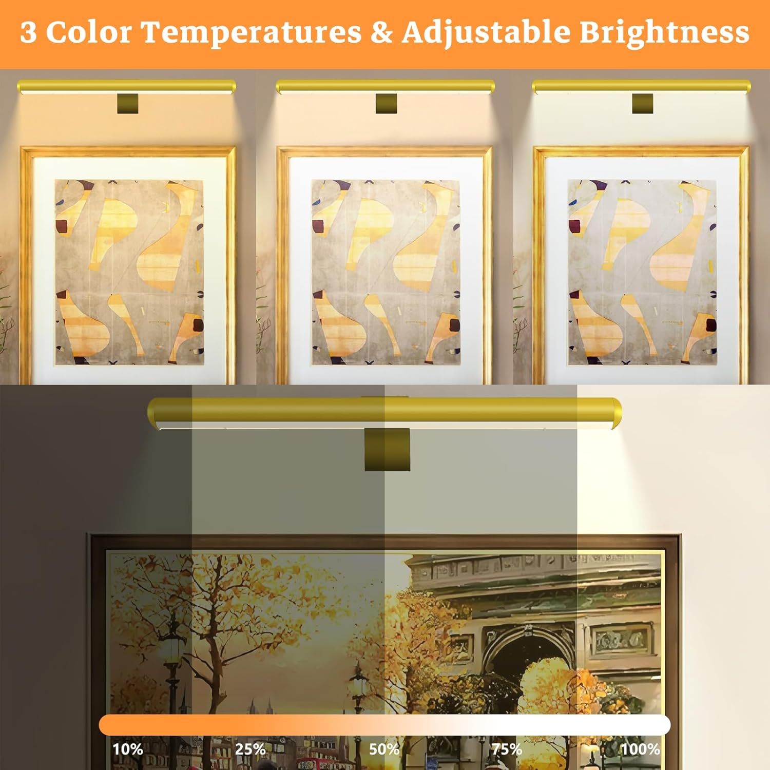 16-Inch Picture Lights,Rechargeable Wall Light with Remote, Wireless Dimmable Art Display Lamp with Timer Painting Frame Light for Wall Pictures, Frames, Gallery, Dartboard (Gold) image number 6