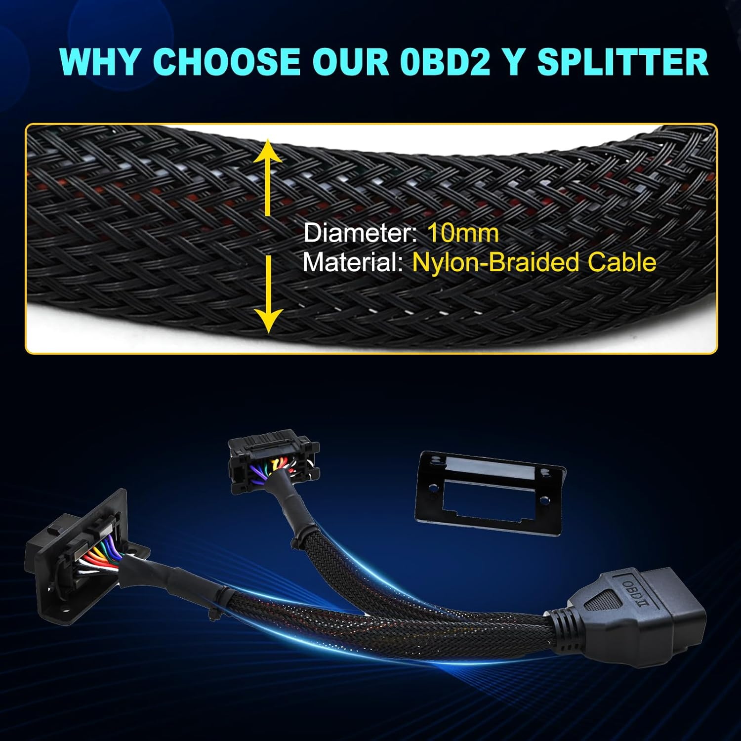 Ikkegol Underdash OBD2 Splitter Y Cable, 1 Male to 2 Female OBDII Harness Adapter, 16 Pin OBD II J1962 Extension Cord DIY, Car OBD Port Braid Connector with Mounting Bracket 1FT/30CM image number 4