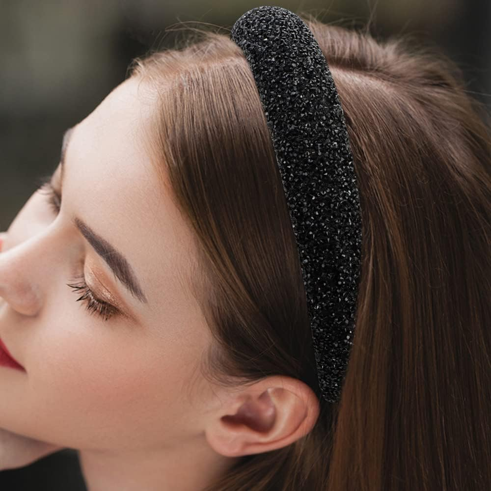 Black Rhinestone Padded Sequin Diamond Glitter Sparkle Jeweled Bling Headbands for Women'S Hair - Black image number 6