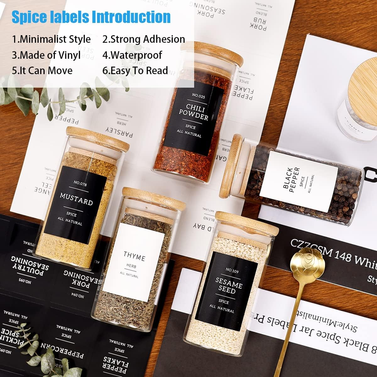 CZZGSM 24 Pcs Glass Jars with 296 Spice Labels Preprinted of White and Black Color- 4Oz Thicken(2.4Mm) Empty Small Herb Seasoning Containers with Bamboo Airtight Lids
