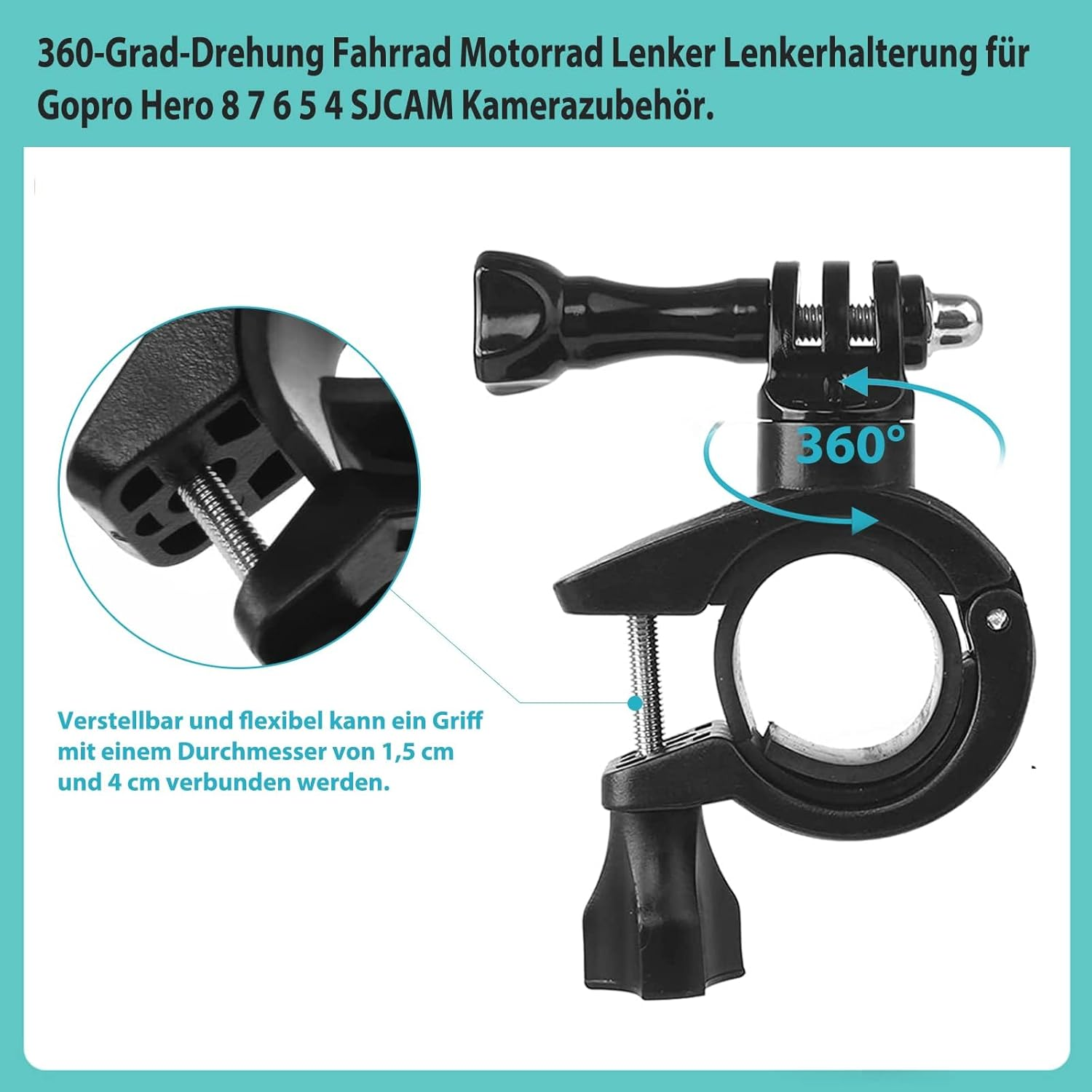 HUATEEN Action Camera Handlebar Mount,Aluminium Alloy 20-36Mm Adjustable Bike/Motorcycle Headset Adapter | Go Pro-Compatible Cycling Stabiliser for Rough Terrain