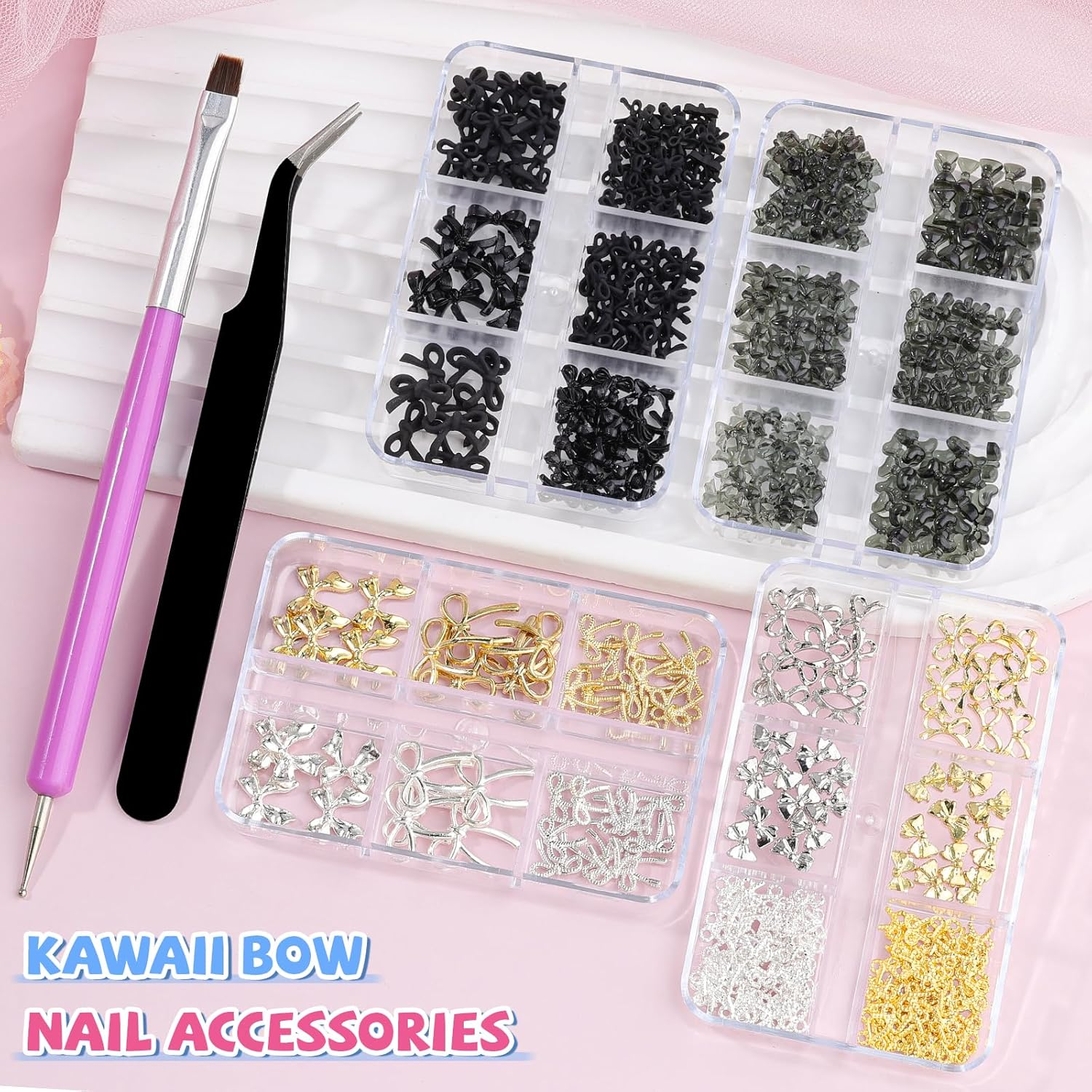 4 Boxes 3D Bow Nail Charms, Black/Silver/Gold Bows Charms Cute Resin Nail Bow Assorted Luxury Metal Bowknots with Pickup Tools for Women Nails Design Crafts DIY - 4B-Black image number 5