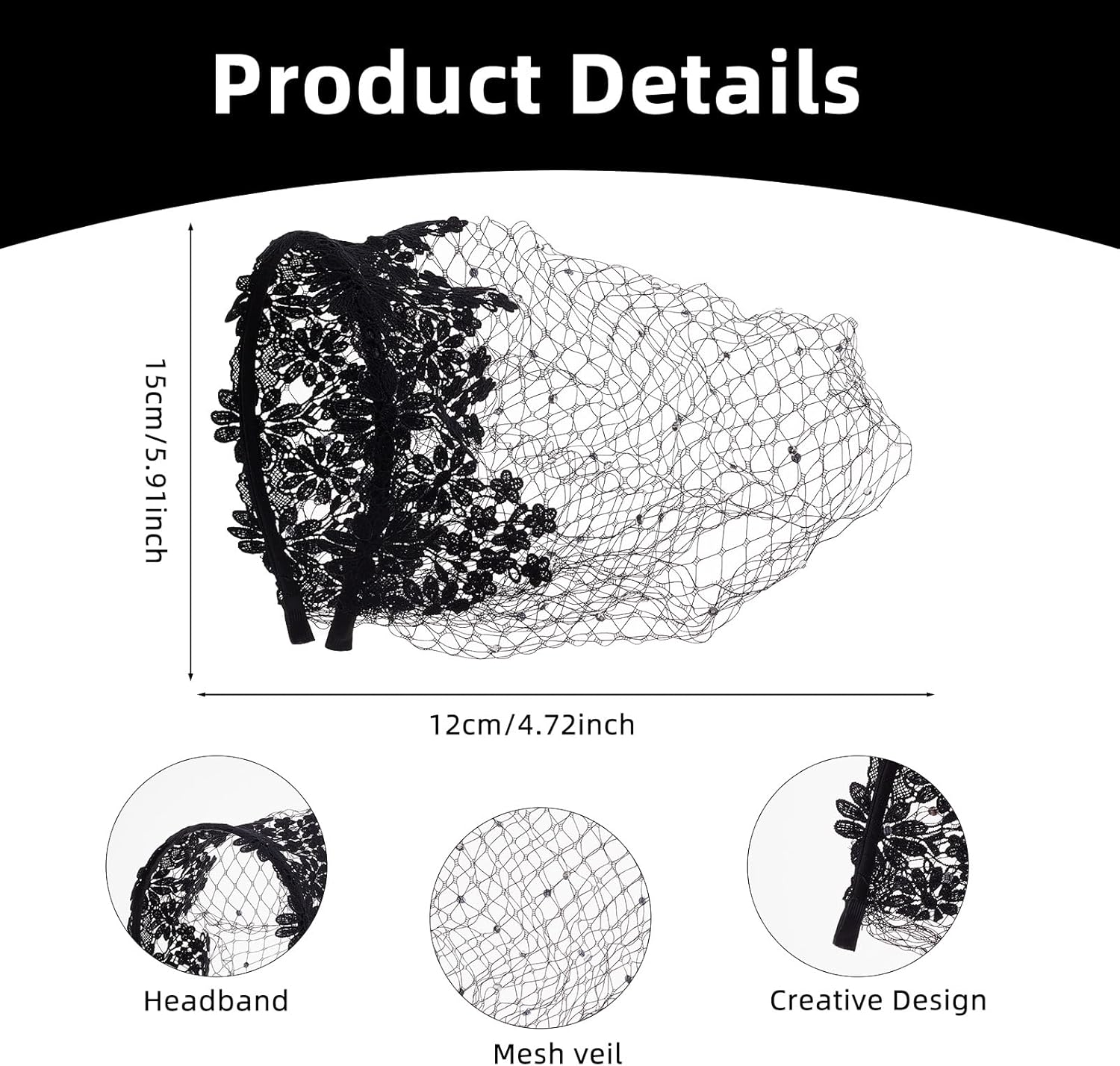 NICENEEDED Lace Headband with Mesh Veil for Women Elegant Headpiece for Weddings Black Vintage Hair Accessory with Rhinestones image number 4