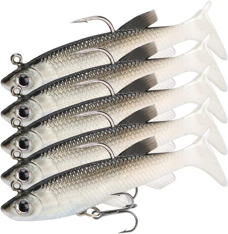AIMALL 10PCS Soft Plastic Lures, 3.15 Inch Poddy Mullet Flathead Jig Head Fishing Tackle, Stretchy PVC Body with Paddle Tail for Bream, Bass, Cod, and Saltwater Fish