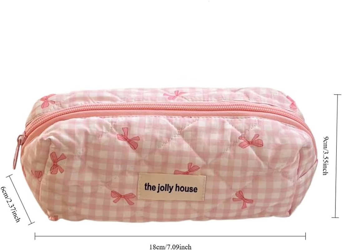 DDPOND Coquette Preppy Makeup Bag Quilted Aesthetic Make up Plaid Bow Tie Pouch Accessorie (Purple) - Pink image number 6