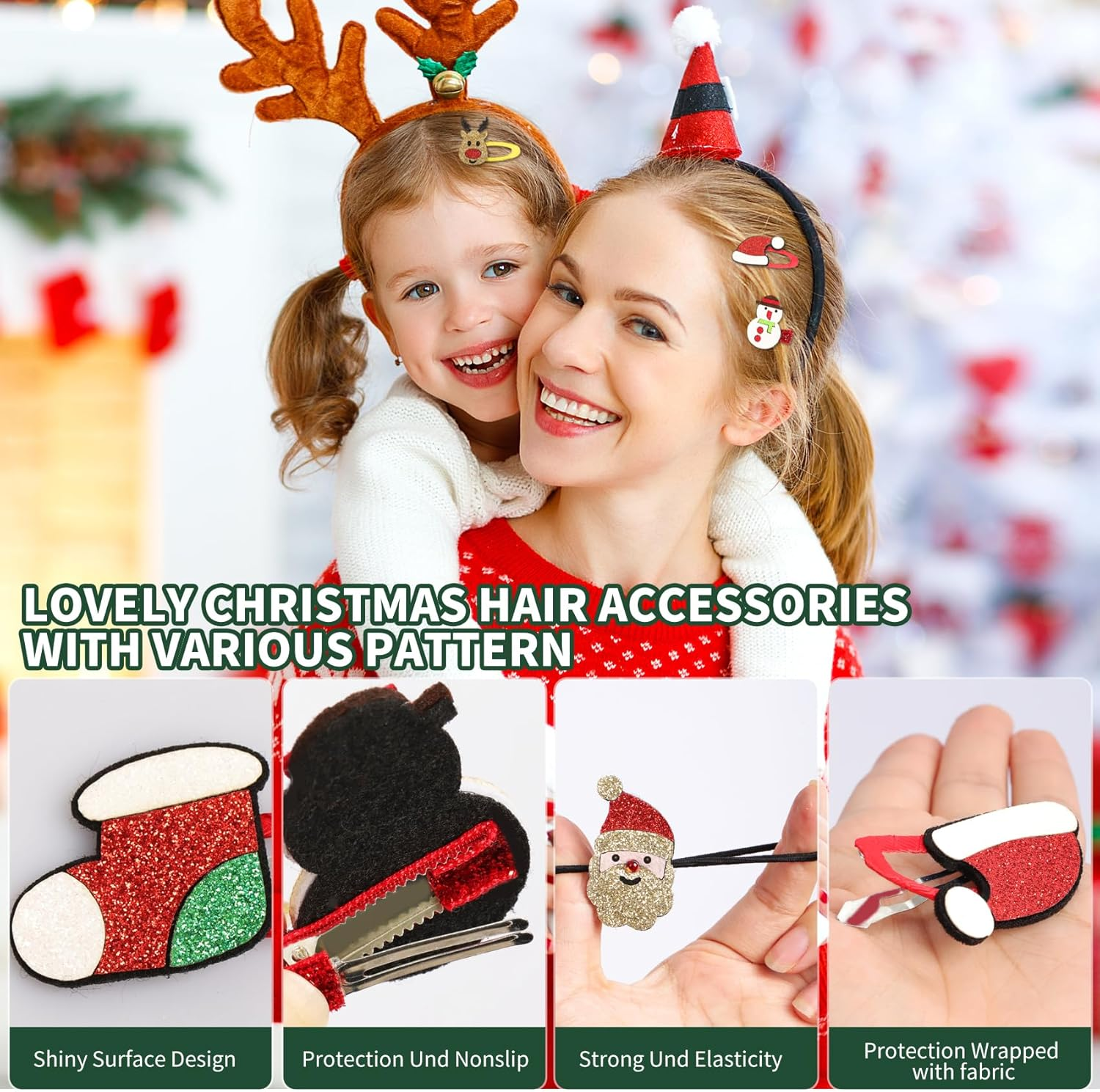 Pack of 12 Hair Clips Christmas Children Glitter Christmas Hair Accessories Cartoon Santa Reindeer Hair Scrunchie Girls Hair Clips for Christmas Party Decoration and Gifts Hair Pins