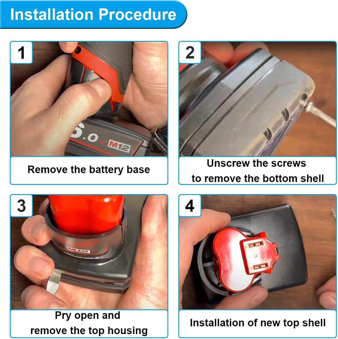 ZHUROUPU M12 Battery Case Cover Replacement for Milwaukee, Battery Top Plastic Case Replacement for Milwaukee 12V, M12 Li-Ion Battery Shell Housing Accessories 48-11-2411 48-11-2420 48-11-2401 image number 5