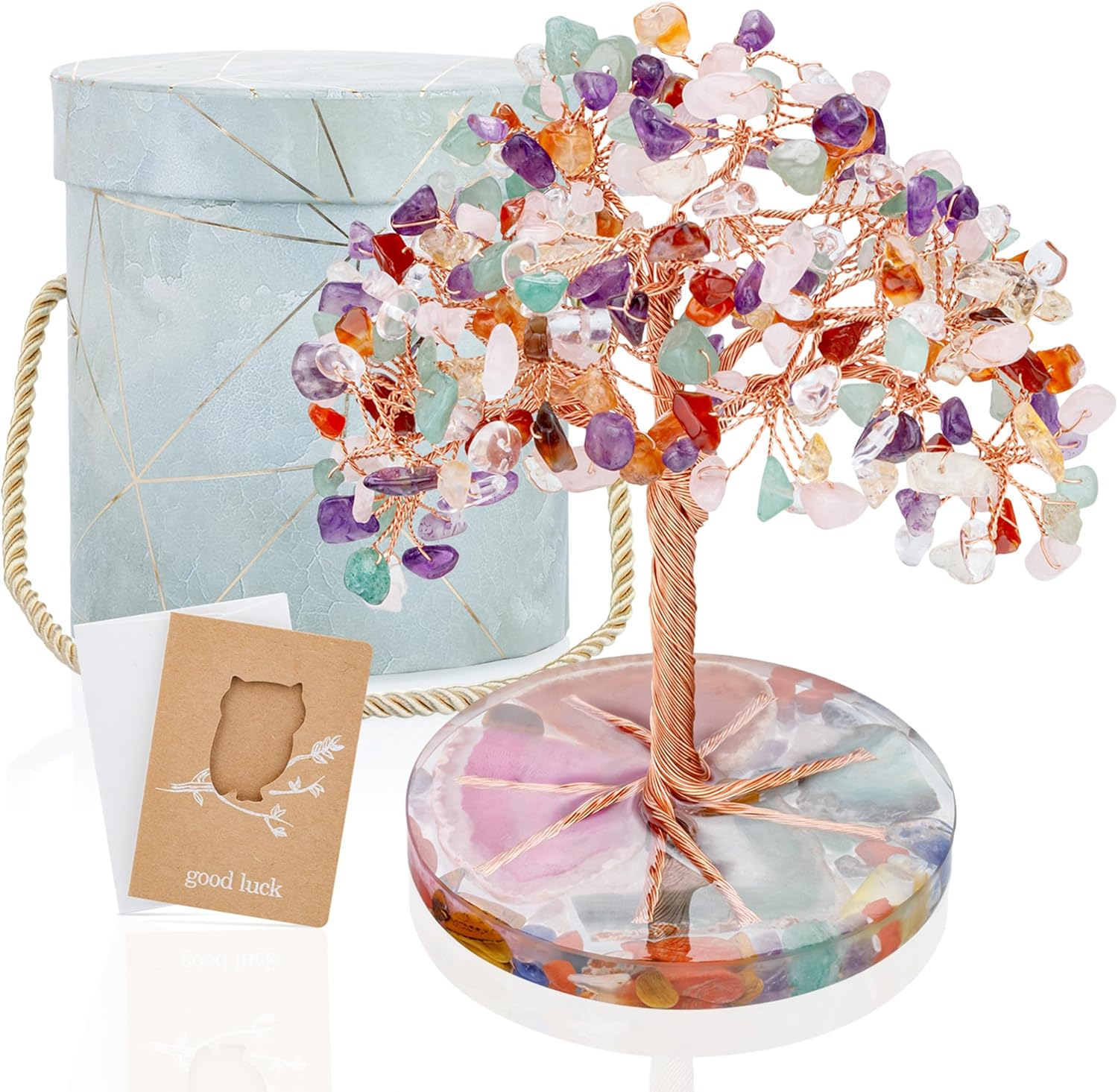 Zenbless 7 Chakra Healing Crystals Stones Tree, Colorful Crystal Stone Leaf Wire Wrapped on Natural Agate Slice Base, Home Office Desk Living Room Feng Shui Decoration for Wealth and Luck