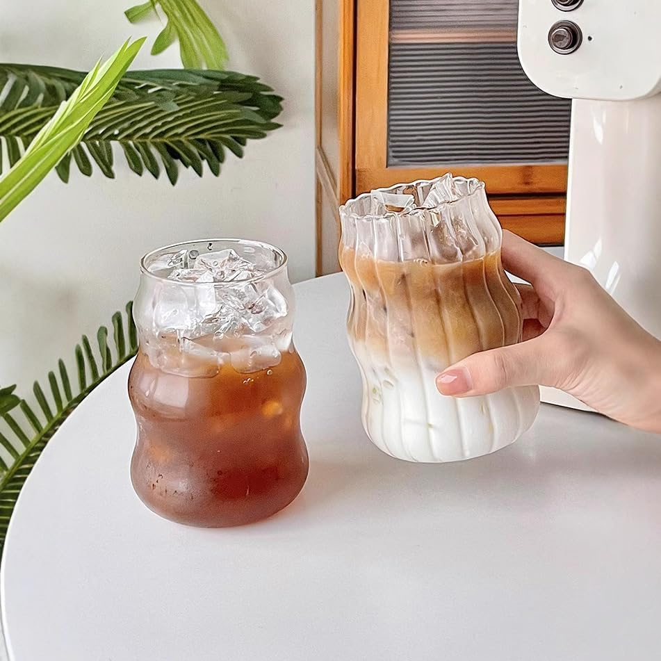 Glass Tumbler with Glass Straw, Iced Coffee Cups Reusable, Can Be Used as Beer Mugs, Milk Mug, Cocktail Cup, Retro Cloud Mug,Coffee Mug,Clear Drinking Cup Set image number 1