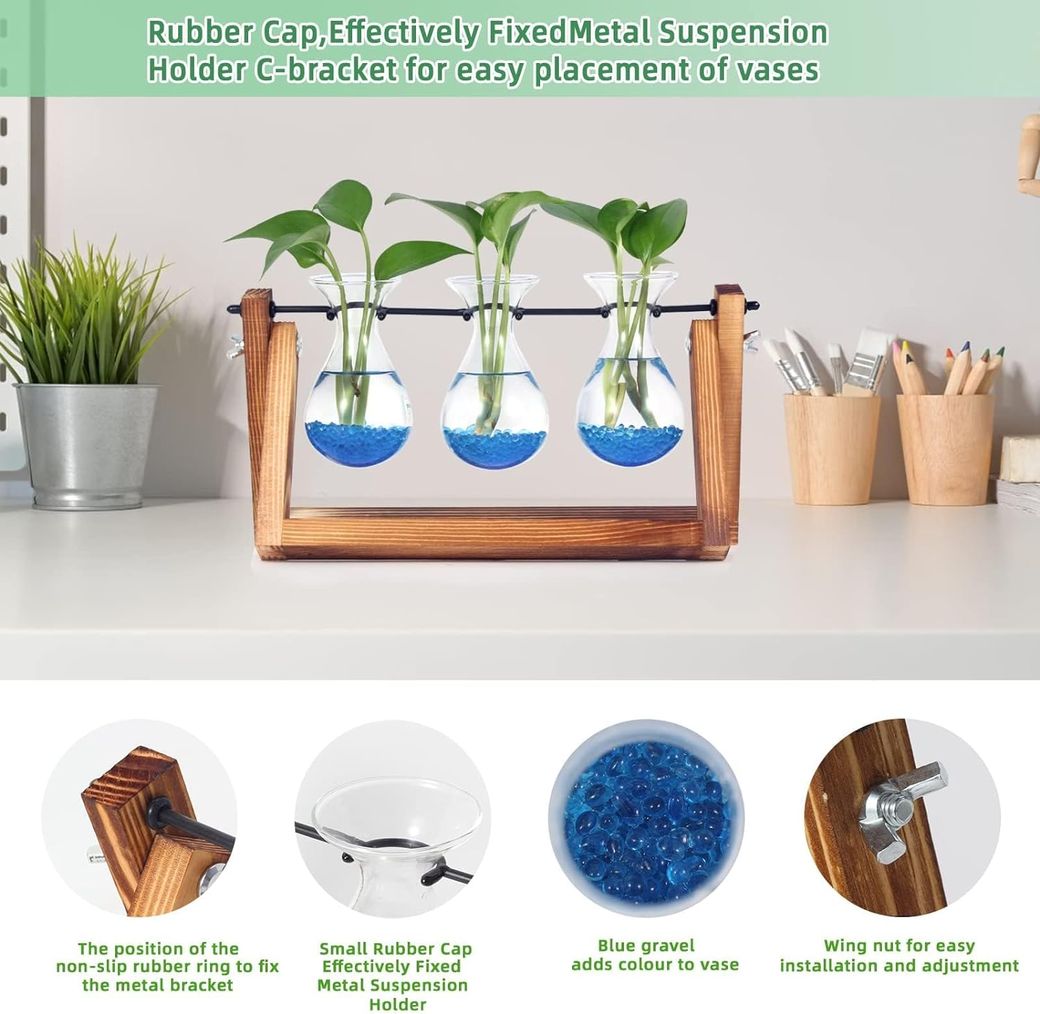 Emapoy 3 Bulb Vase Plant Propagation Station, 3 Glass Planters, Wooden Stand, Beautiful Garden Decoration, Great Birthday for Planter Lover image number 1