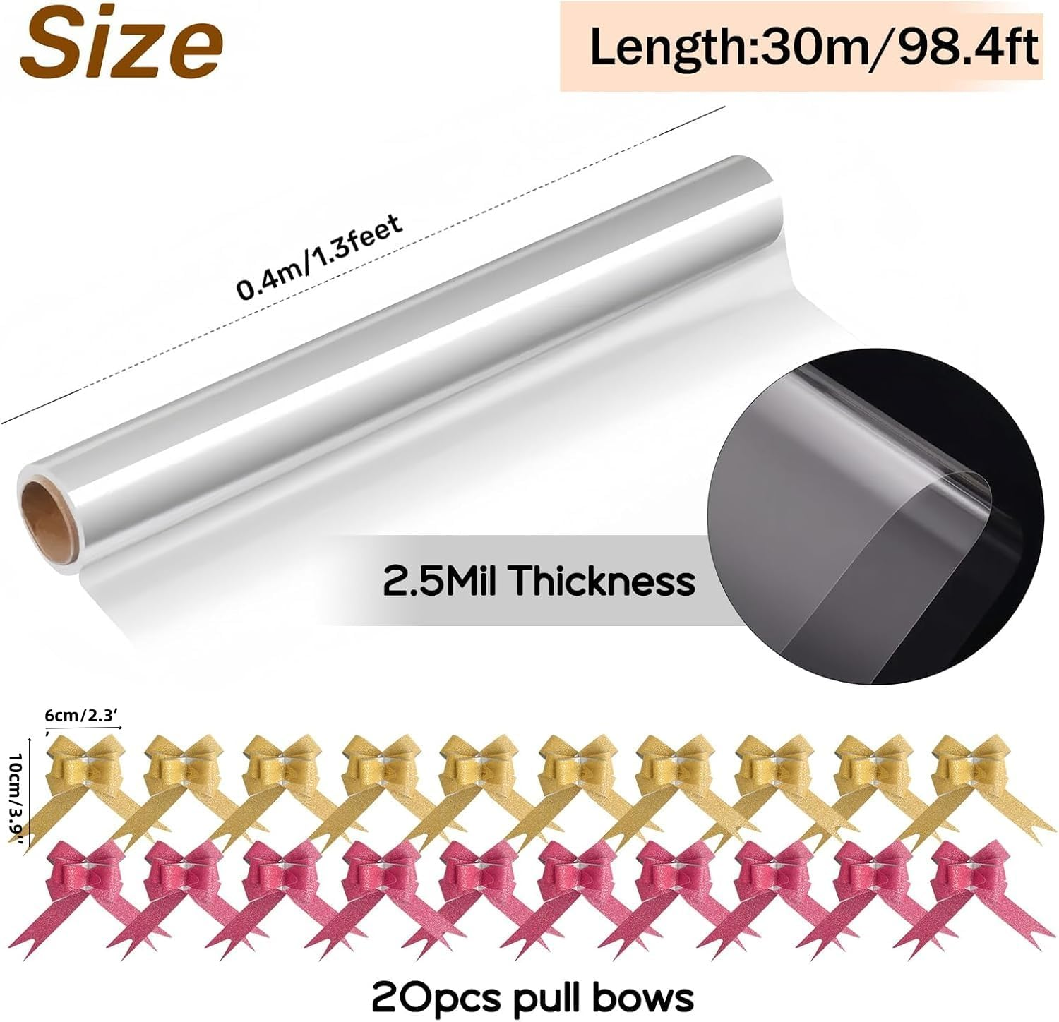 ZCOINS Clear Cellophane Wrap Rolls 40Cm X 30M (1.3Ft X 98.5Ft) and Shiny Pull Bows Packaging Sets, 2.5 Mil Transparent Crystal Clear Cellophane Wrapping Paper for Hampers, Gifts, Toys, Arts & Crafts, Florist Flowers, Treats Wrapping image number 6