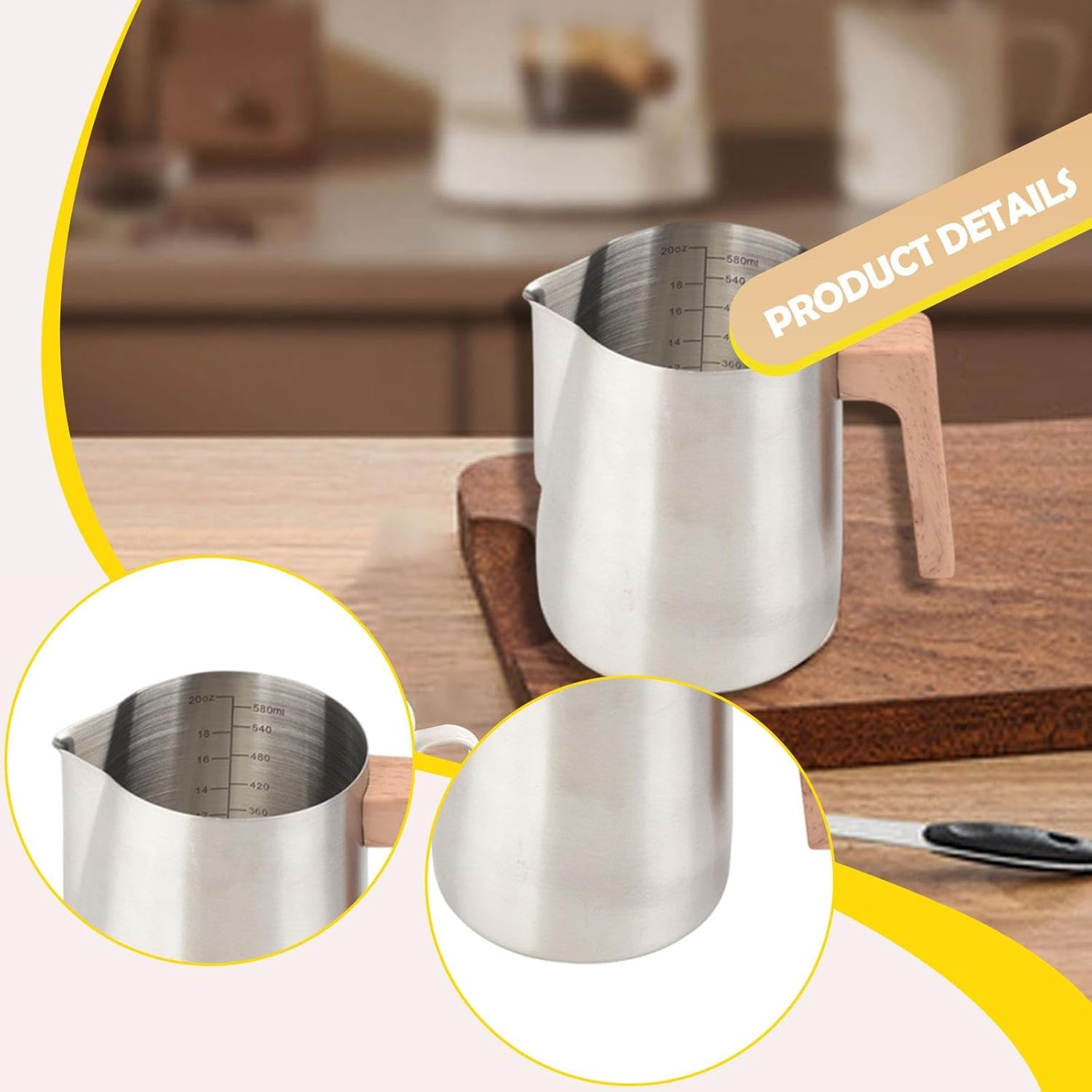 Motivetech Milk Frothing Pitcher, Espresso Cup for Latte Art, Coffee Bar Accessories, 600Ml Coffee Maker with Smooth Surface, Hot Tea, Hot Chocolate, Silver image number 1