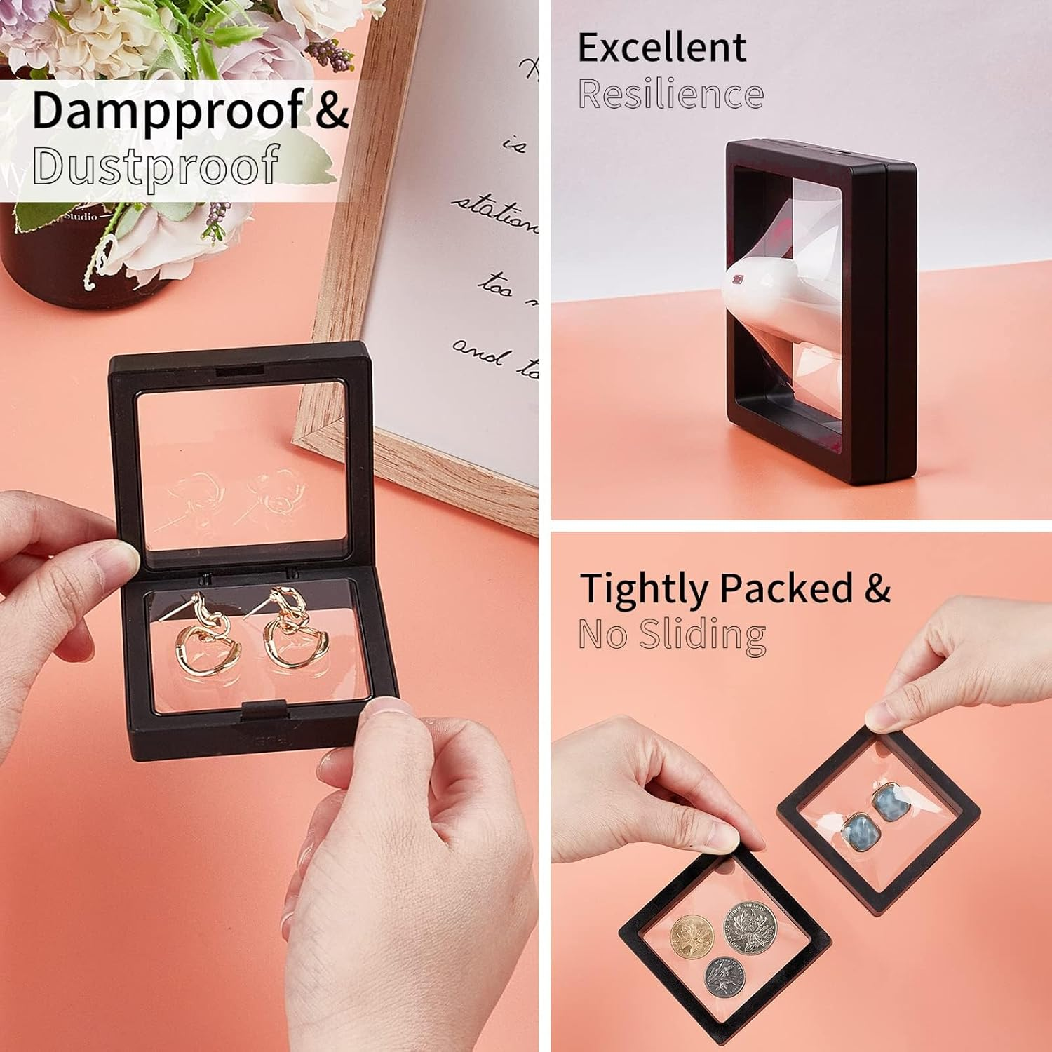 4Pcs 3D Floating Frame with Stand, Challenge Coin Display Holder, Small Shadow Box for Earrings, Rings, Brooch, Military Medal, Black, 2.75X2.75 Inches