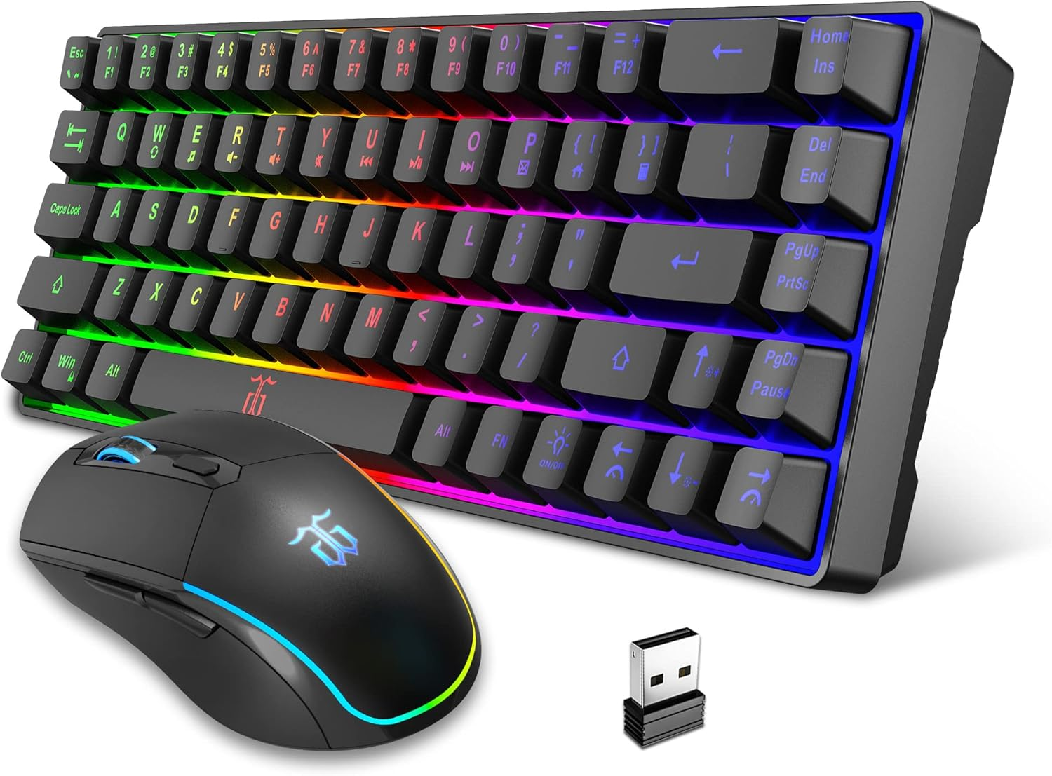 Snpurdiri 60% Wireless Gaming Keyboard and Mouse Combo,Led Backlit Rechargeable 2000Mah Battery,Small Membrane but Mechanical Feel Keyboard + Popular RGB Mice for Gaming,Business Office
