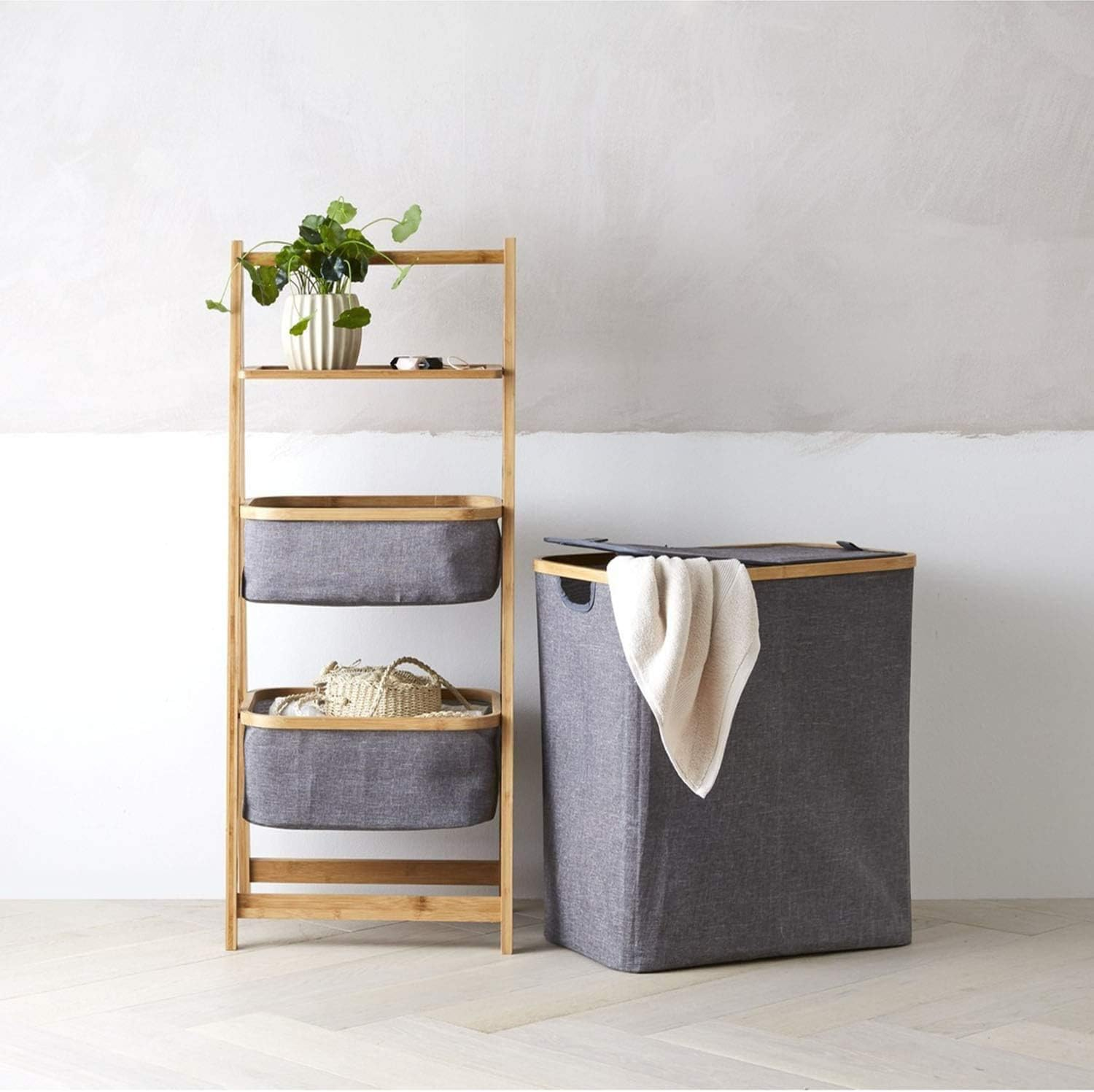 ALINK Divided Folding Bamboo & Canvas Laundry Hamper- Double Large Laundry Basket with Lid - Modern Collapsible Hamper with Handles, Waterproof Liner, Great for Adults, Bedroom, Bathroom, Living Room image number 6