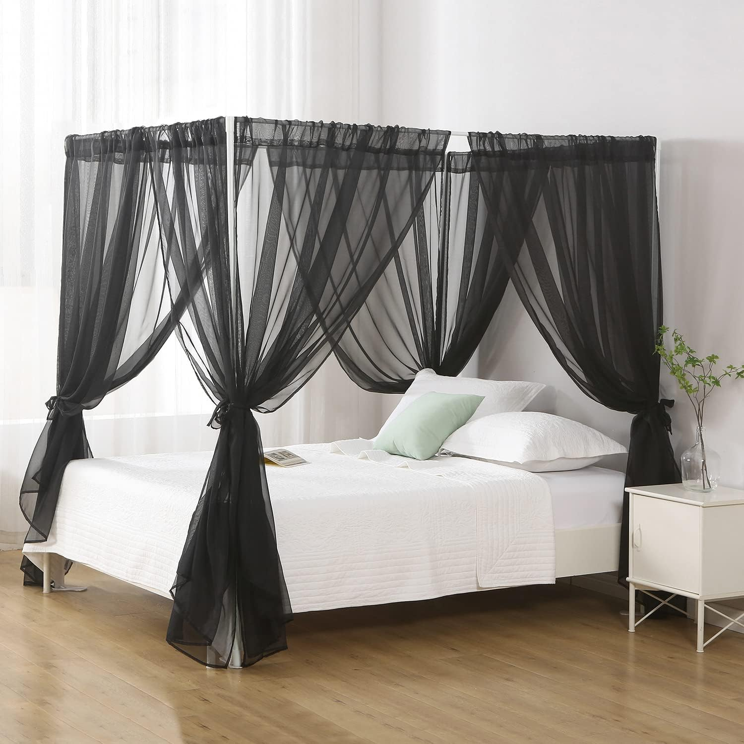 WANFASO Princess Chiffon Bed Canopy, Canopy Curtains for Queen Bed Adults, 4 Post Bed Drapes Room Decor(Light Coffee)