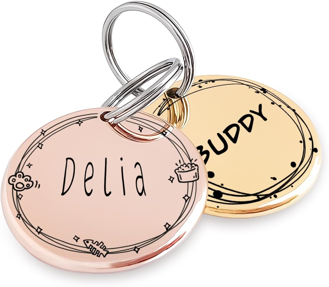 Flower Crown Pattern Art Design - Customizable Cat Dog ID Tags Suitable for Small Pets - Stainless Steel Deep Engraving Rose Gold Charm