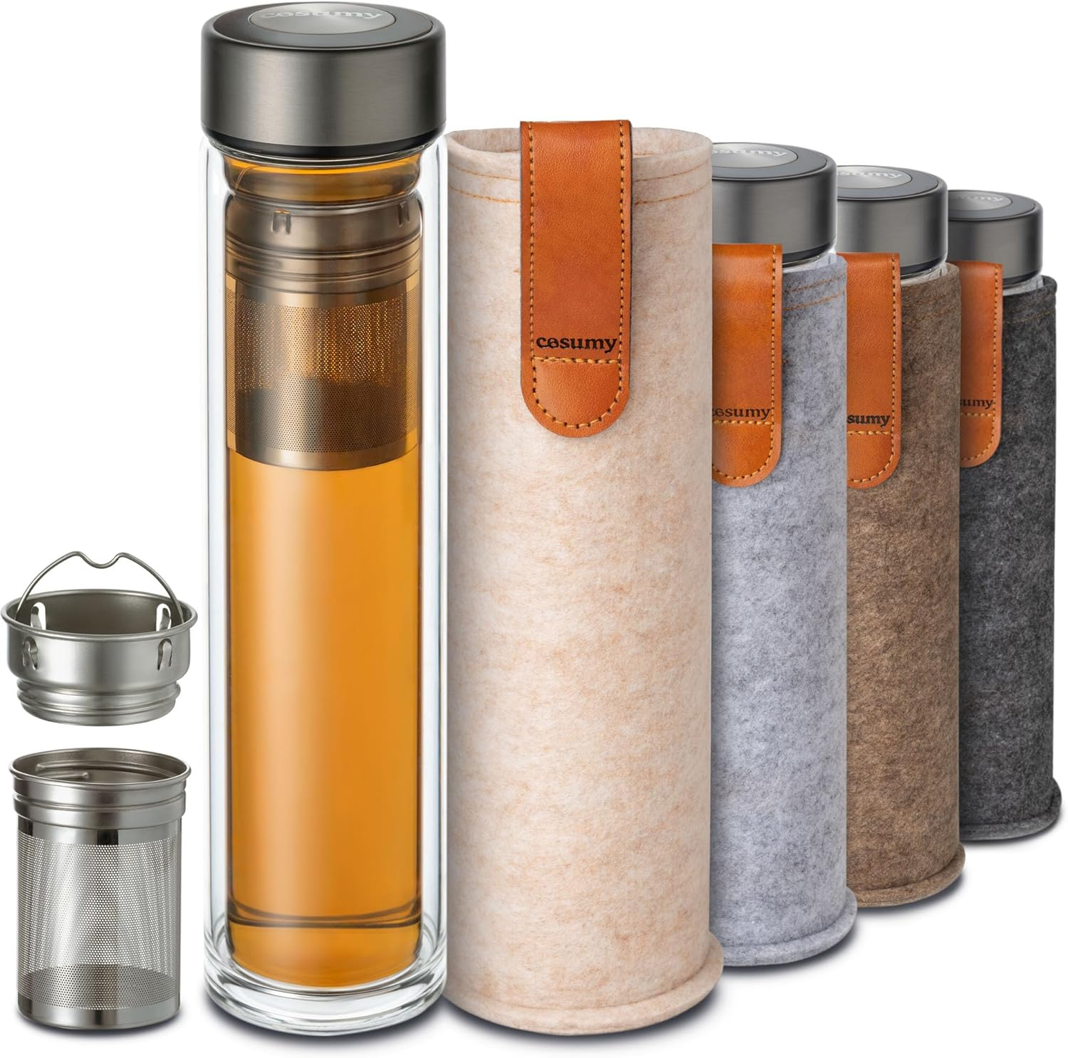Cosumy Tea Bottle with Strainer to Go 500 Ml - Double-Walled Glass with Felt Bag - Heat Resistant - Leak-Proof - Dishwasher Safe - (Anthracite)