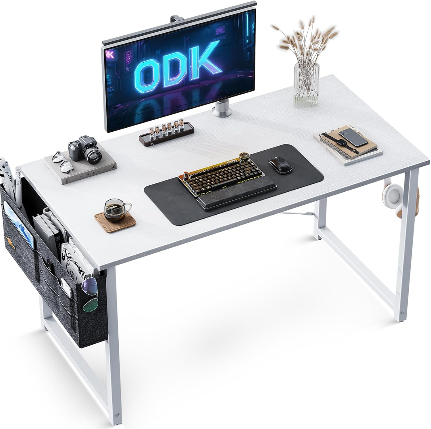 ODK 40Inch Computer Desk with Storage Bag&Metal Legs,Home Office Desk with Headphone Hook, Modern Computer Tale, Writing Table, Simple Style PC Table for Work Study Writing,Black,100 * 48 * 73.7Cm