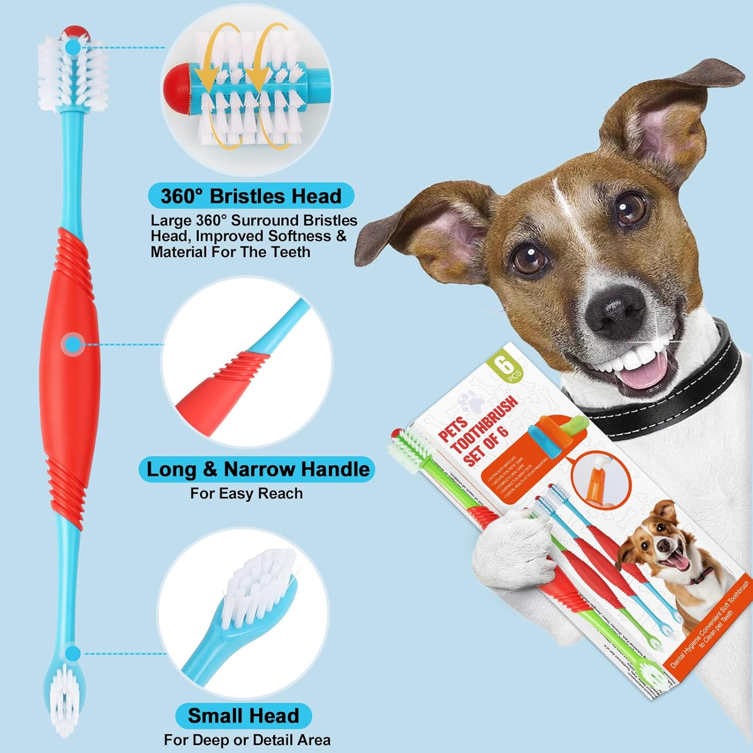 Dog Toothbrush for Small Medium to Large Dogs and Cats, Soft-Bristled Dog Tooth Brushing Kit - 3 Pcs Dual Head Premium Non-Slip Handle with 3 Cleaning Finger Brush for Dogs Cats Teeth image number 3