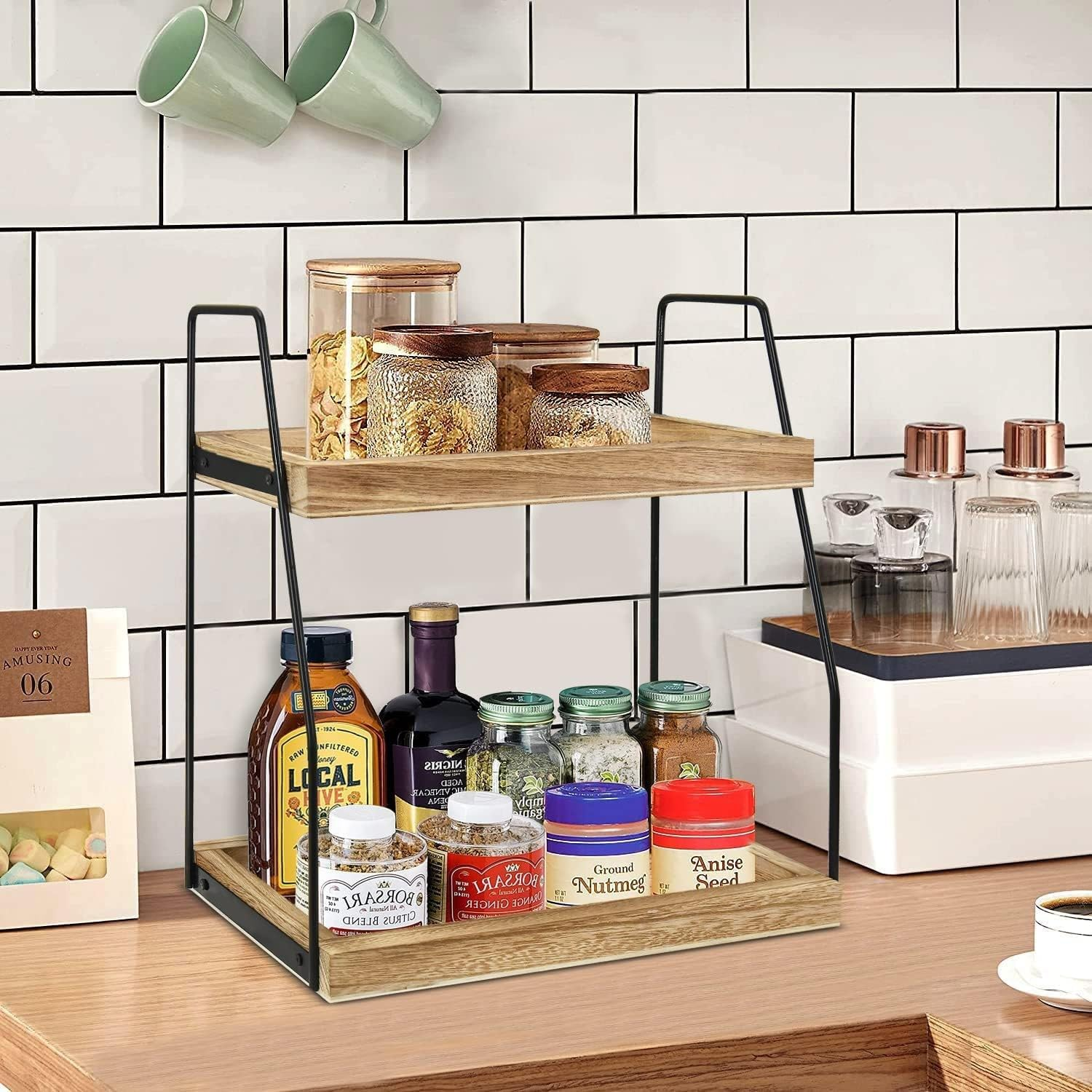 Coffee Bar Organizer, Coffee Station Organizer for Countertop, Farmhouse Coffee Bar Accessories Holder, Coffee Pod Storage Rack, Wooden Shelf for Bathroom, Kitchen, Coffee Bar Decor (Beige-A)