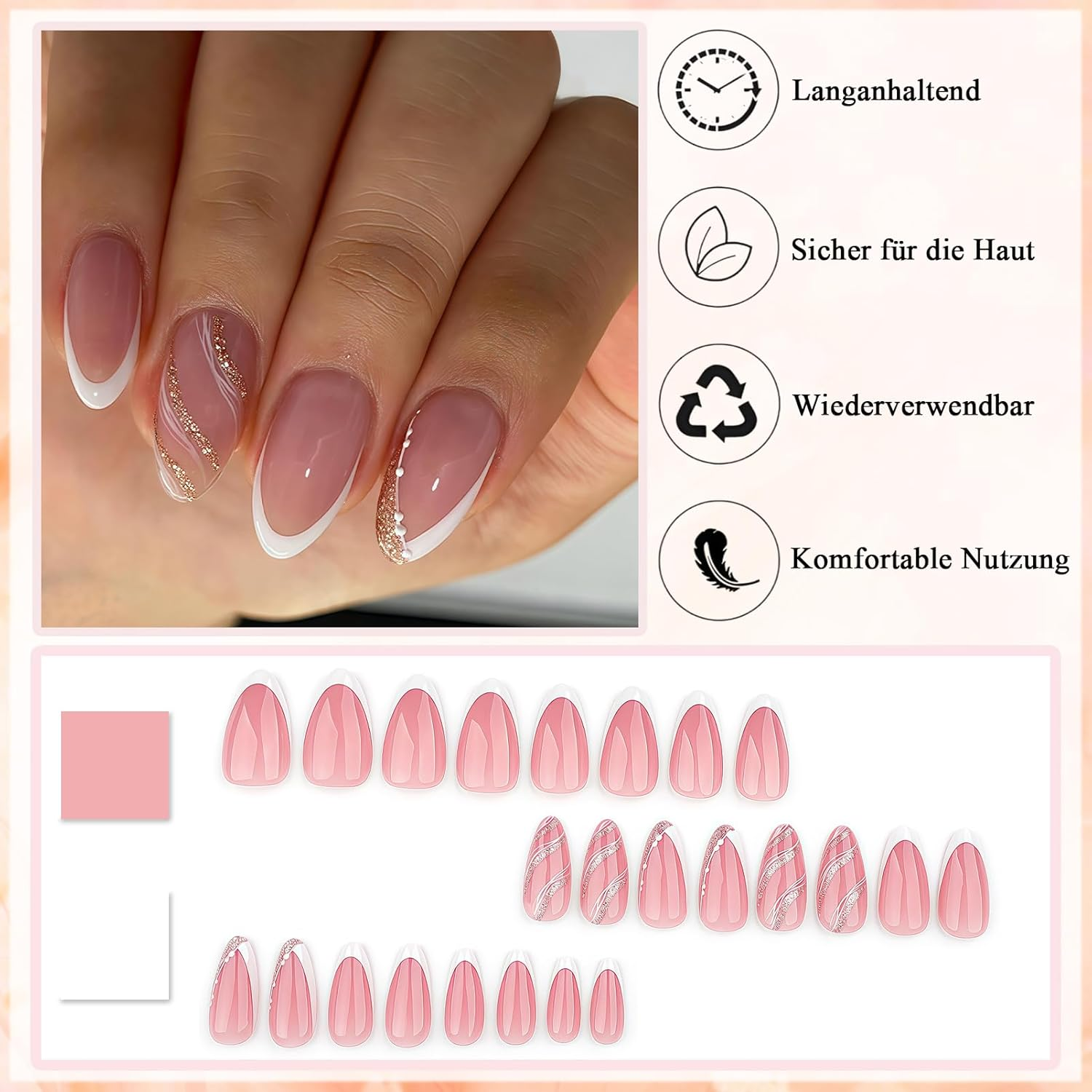 Virellay Almond Fake Nails, Artificial Fingernails, Press on Nails Almond (French with Glitter Line, 24 Pieces) image number 4