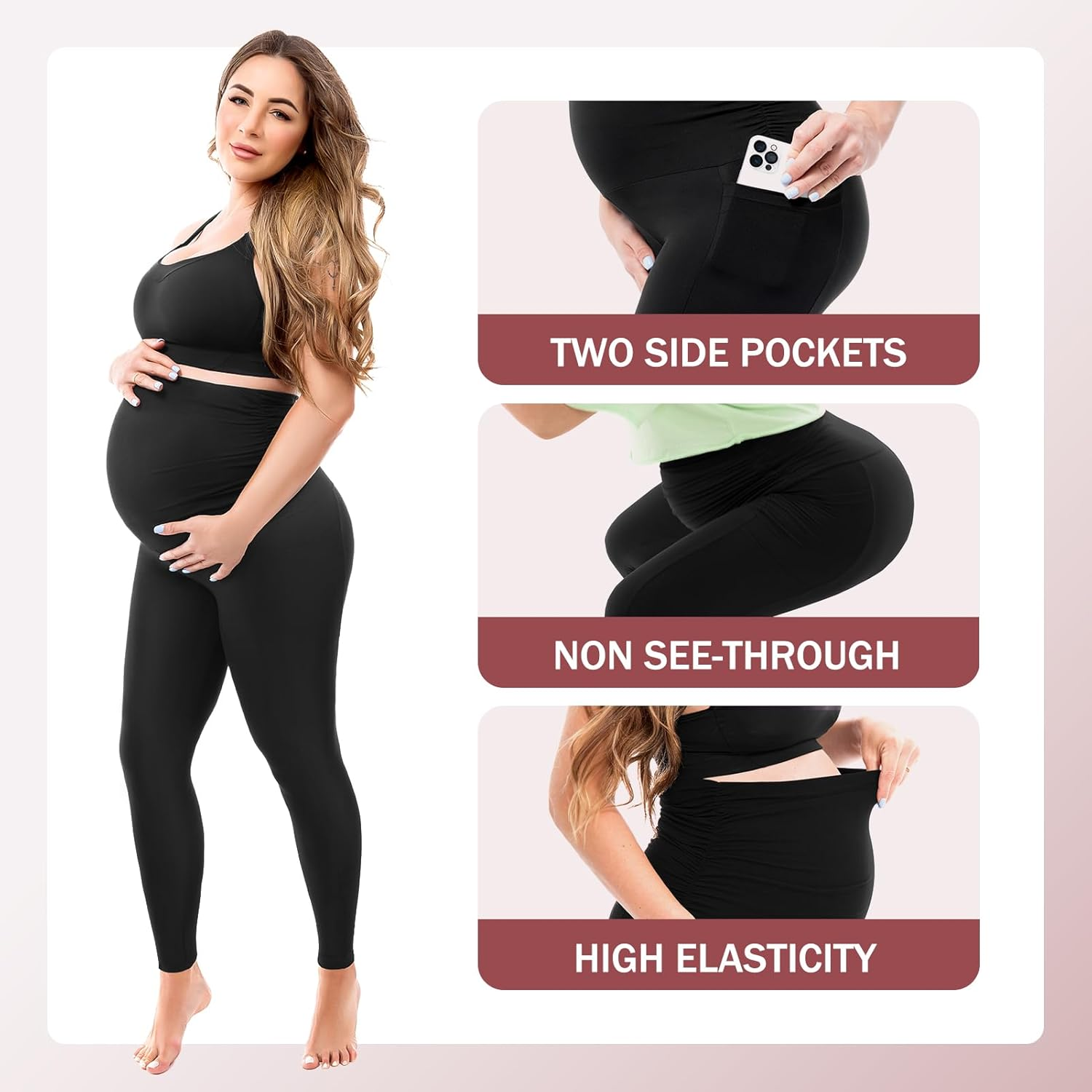 SINOPHANT Women'S Maternity Leggings over the Belly with Pockets,Pregnancy Yoga Pants Workout Leggings image number 2