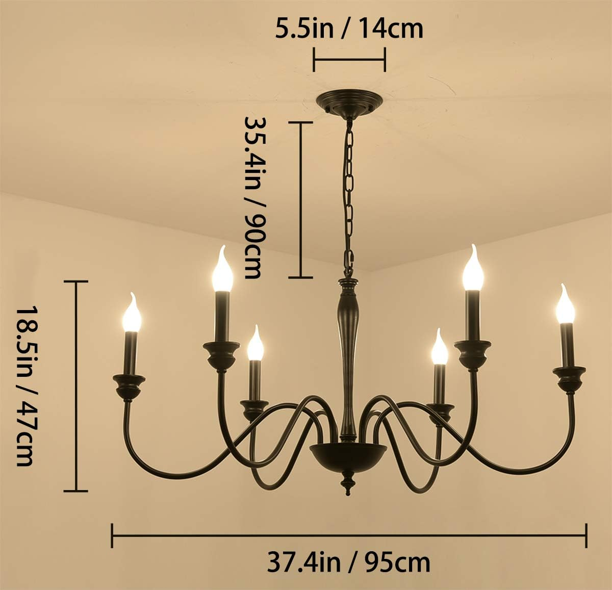 Ganeed 6-Light Farmhouse Chandeliers, Black Classic Candle Ceiling Pendant Light Fixture, Rustic Ceiling Chandelier for Kitchen Island, Foyer, Living Room, Dining Room - E14 - Black 12 Light image number 7
