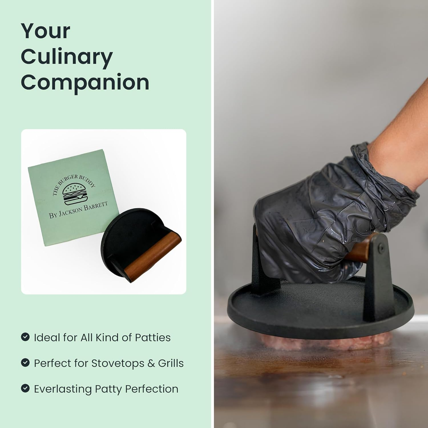 The Burger Buddy by Jackson Barrett | Cast Iron Smash Burger Press with Wooden Handle &ndash; Perfect for Flat Top Grills, Bbqs, and Gourmet Cooking